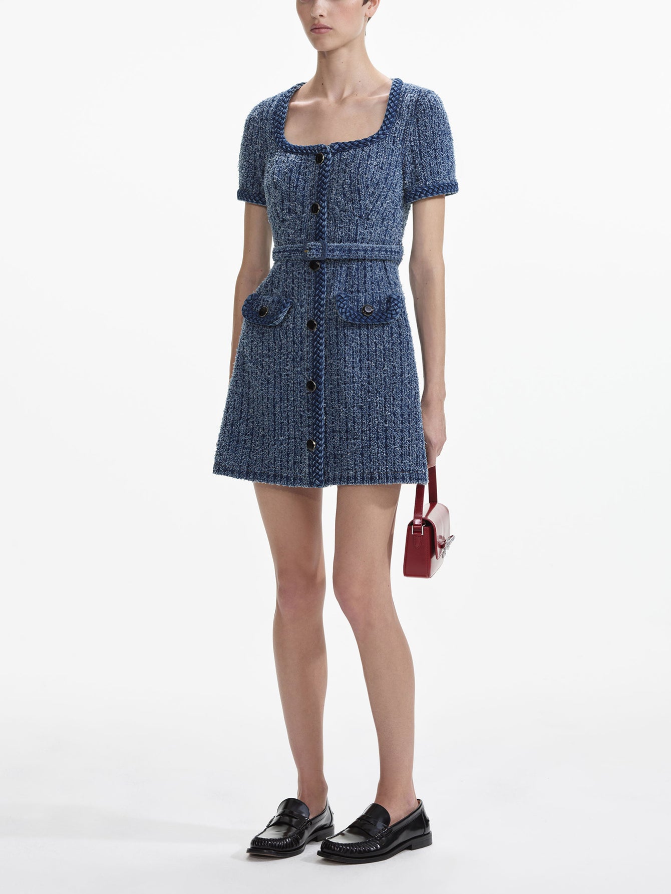 Tweed Belted Mini Dress with Braided Trim