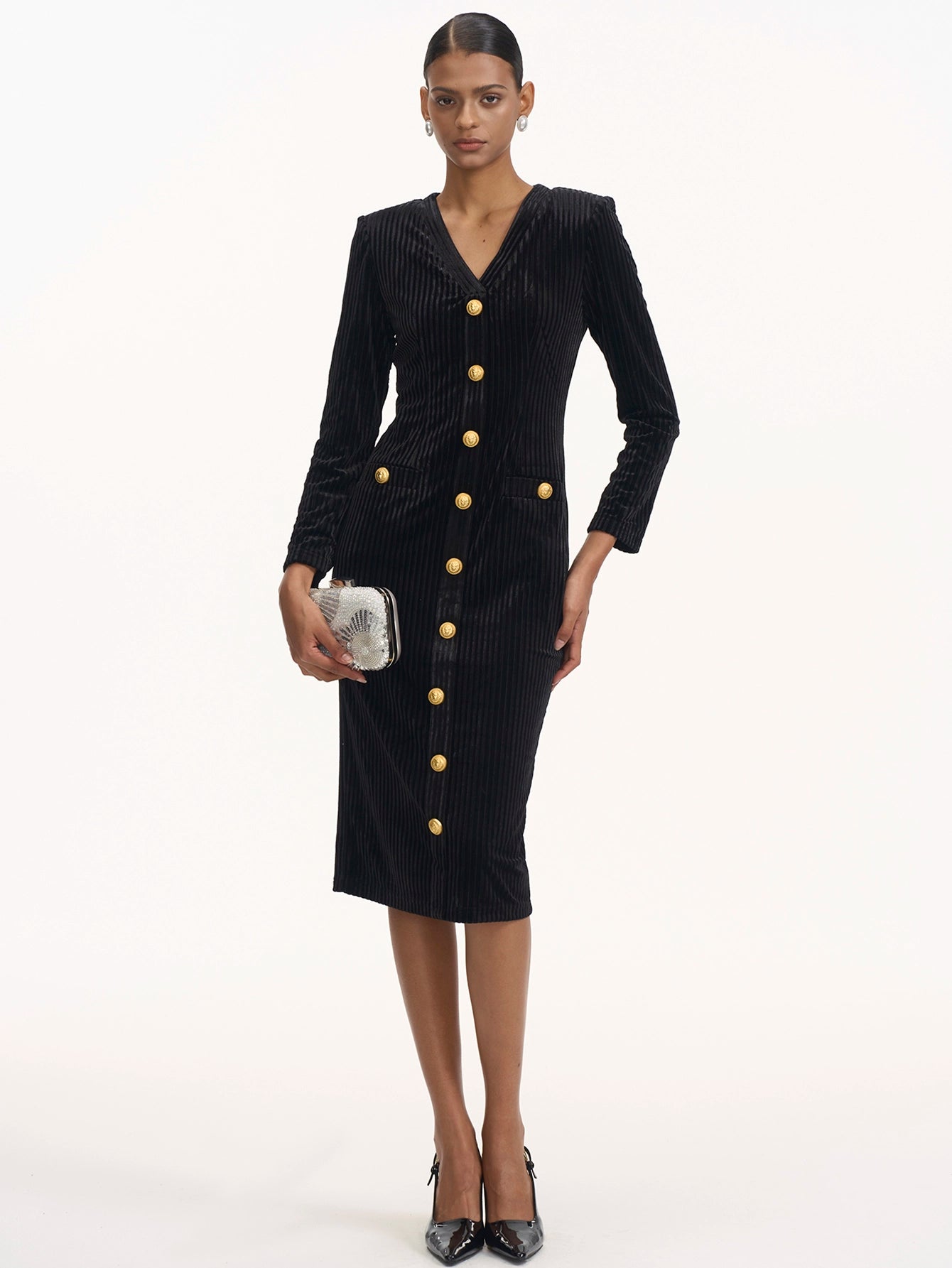 Elegant Midi Dress with Gold Buttons