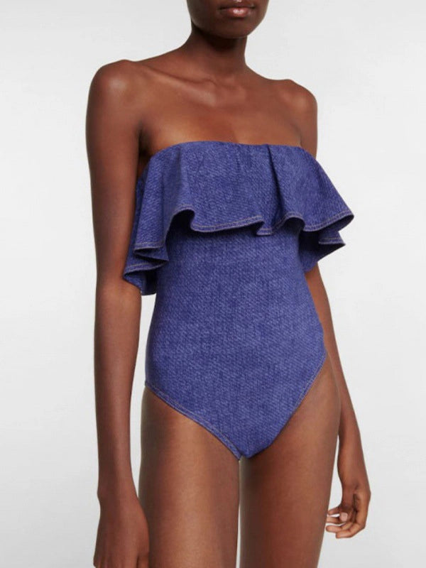 Off-Shoulder Ruffle Denim Swimsuit