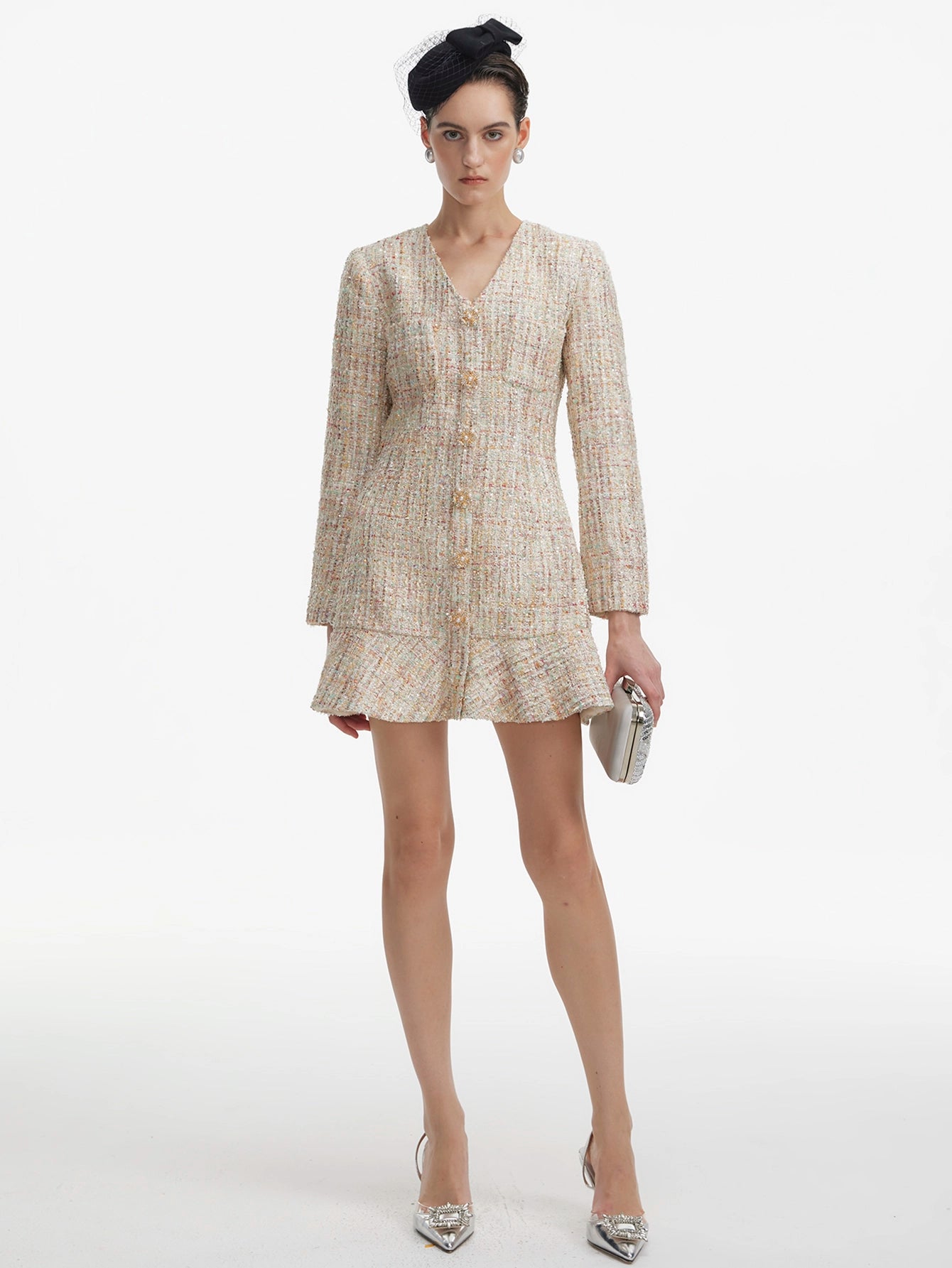 Long-Sleeved Sequined Tweed Mini Dress(Silvia)