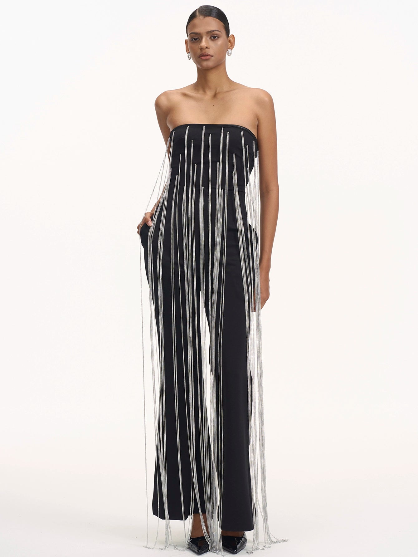 Cascading Chain Tassel Off-The-Shoulder Gown