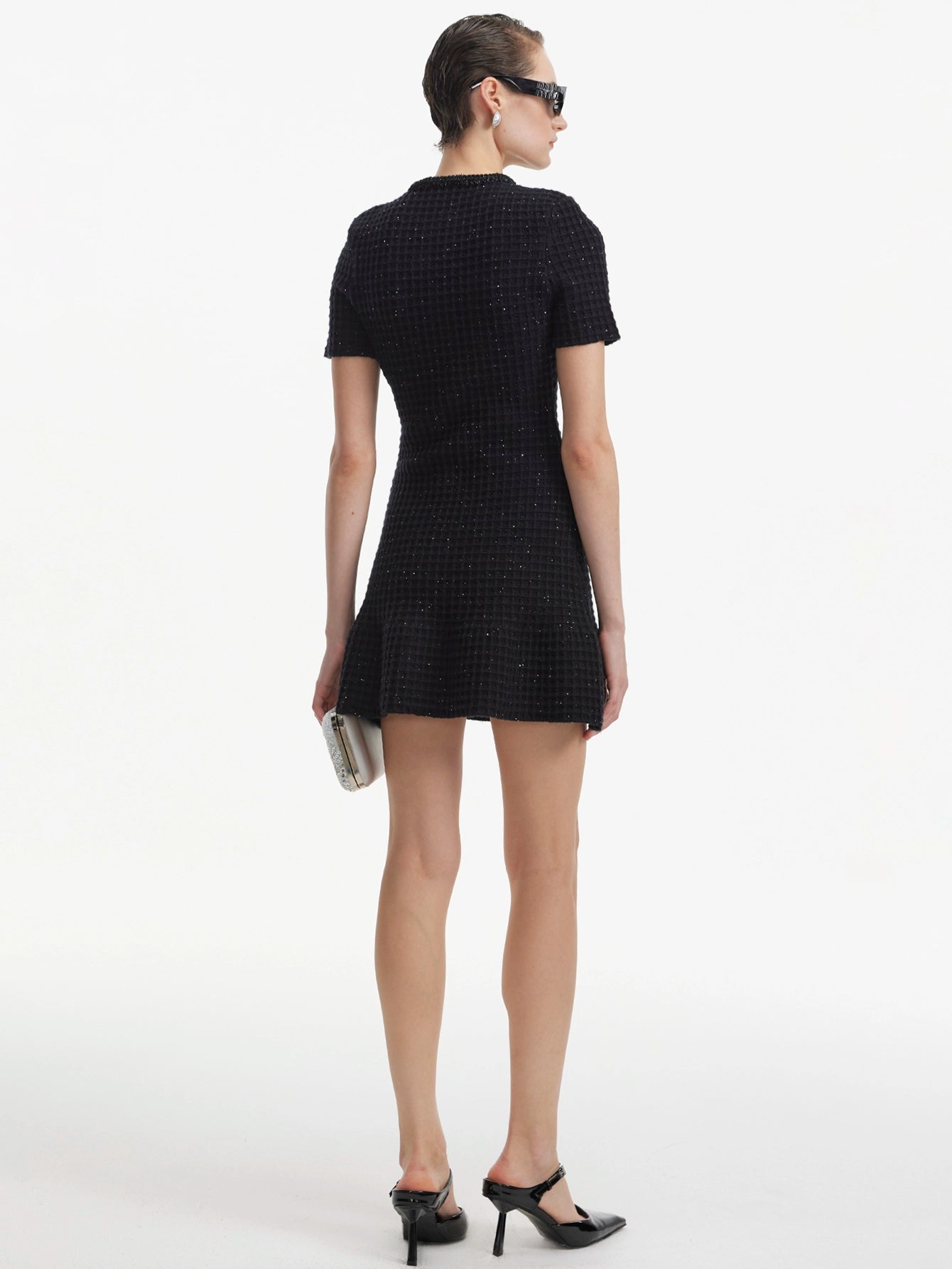 Black Tweed Mini Dress with Crystal Buttons