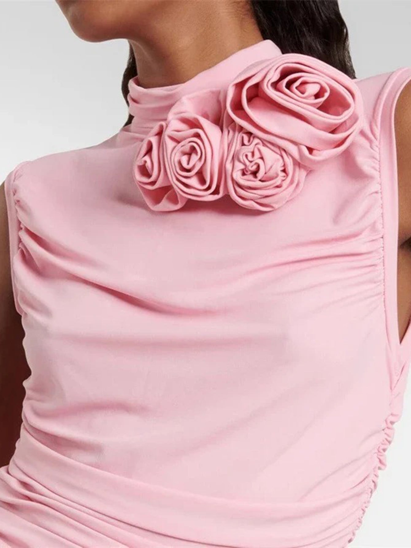 Romantic Ruched Midi Dress with Rosette Detail