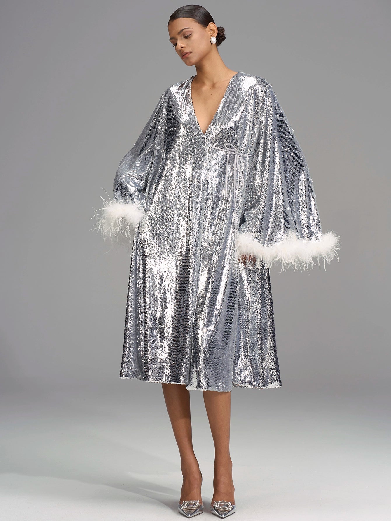 Feather Trim Sequin Morning Shoot Dress