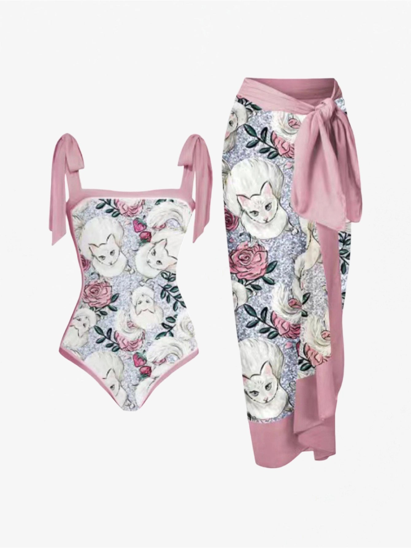 Luxury Cat & Rose Print Swimsuit Two-Piece Set