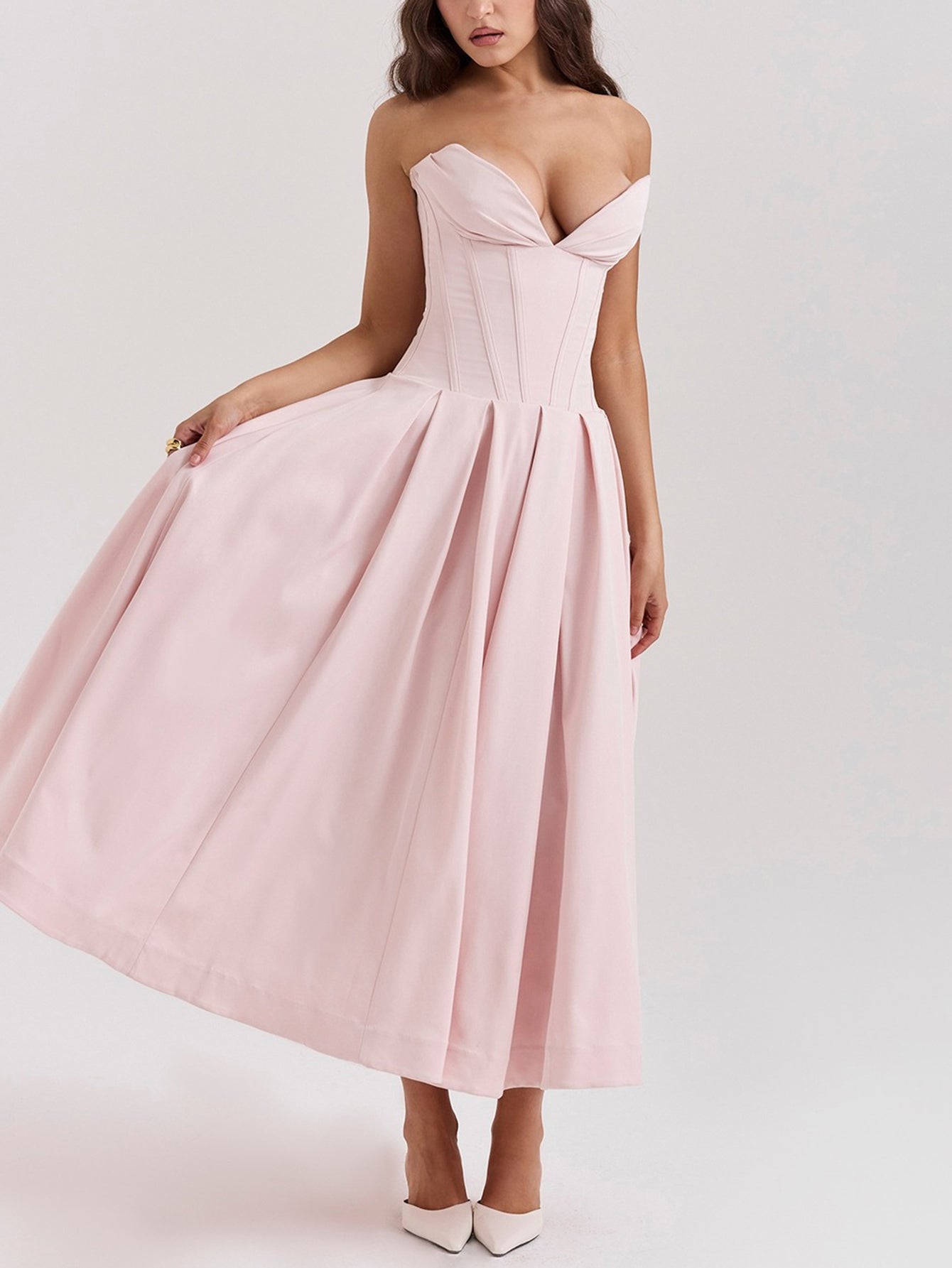 Solid Strapless Sleeveless Midi Dress