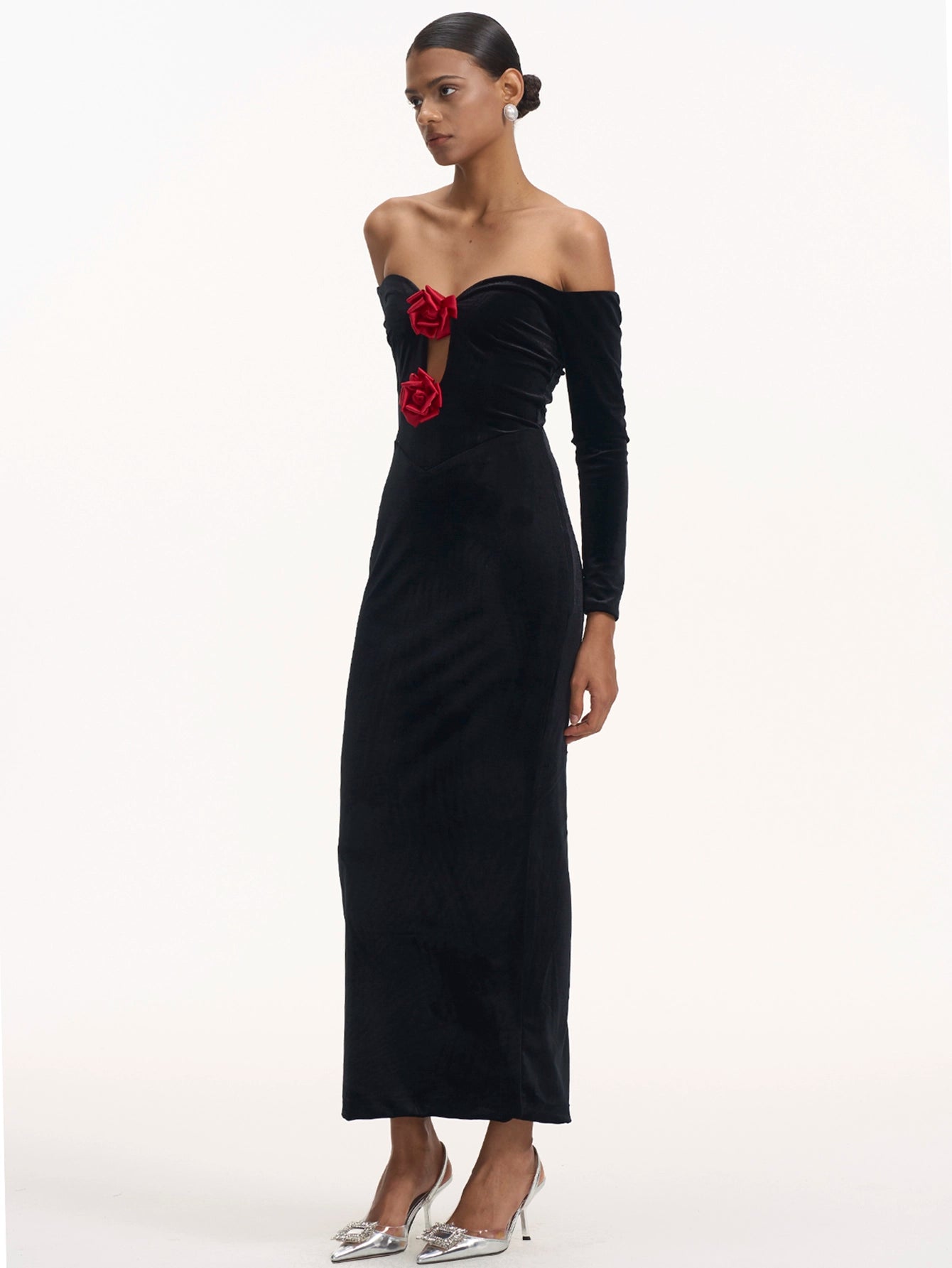 Red RoseVelvet Off-the-Shoulder Gown