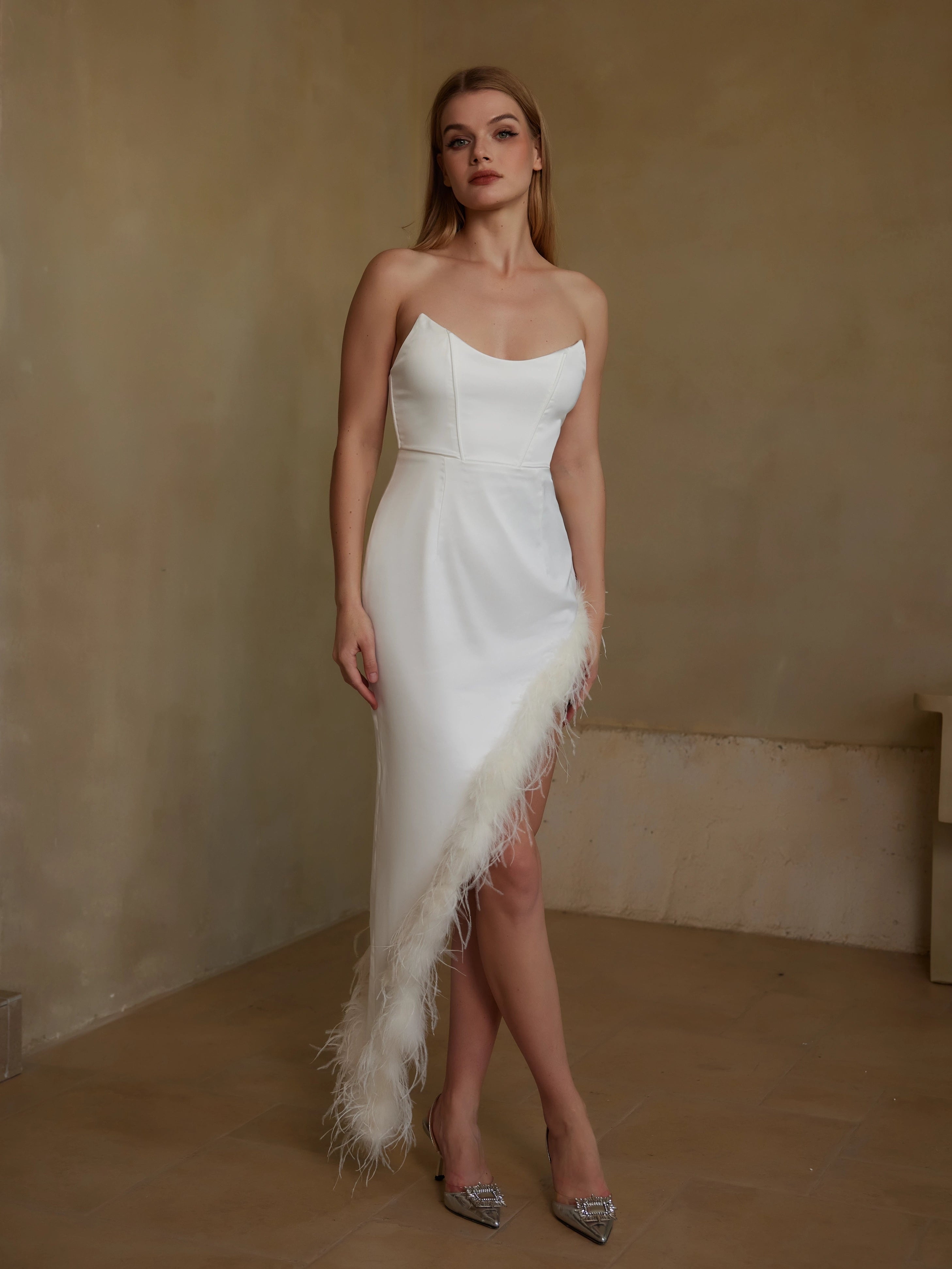 Elegant Feather Trim Strapless Dress