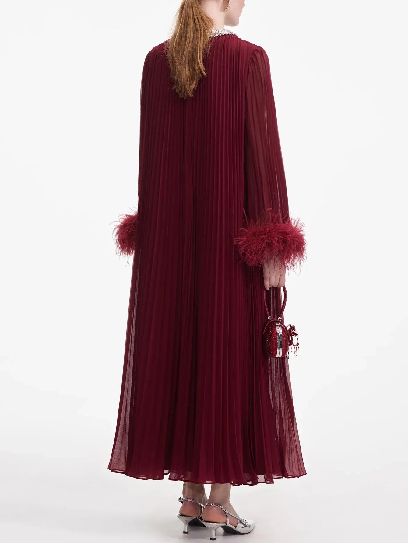 Feathered Cuff Embellished Pleated Gown