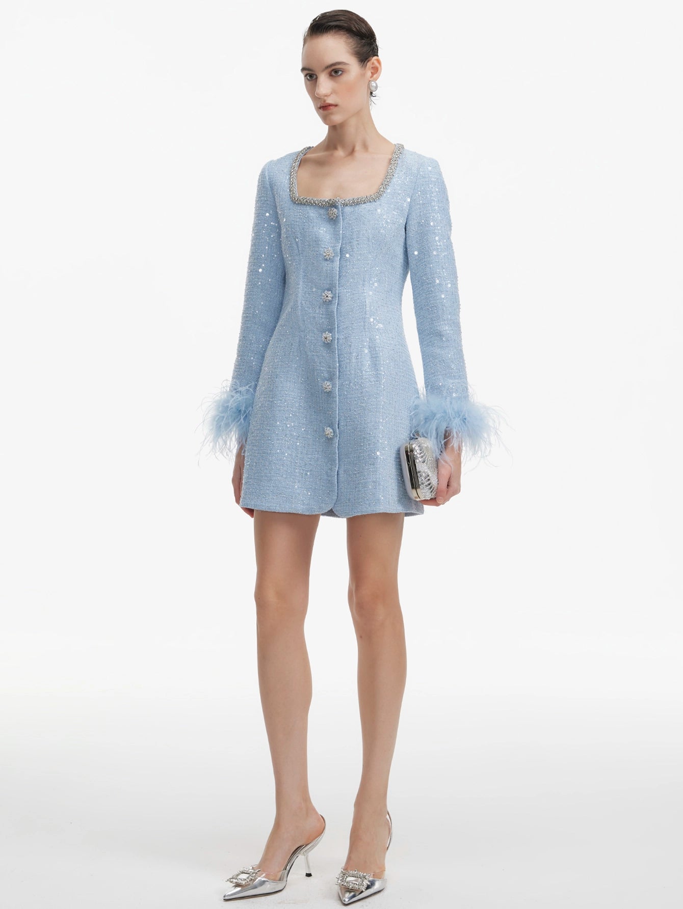 Square Neck Glitter Feather Mini Dress(Silvia)