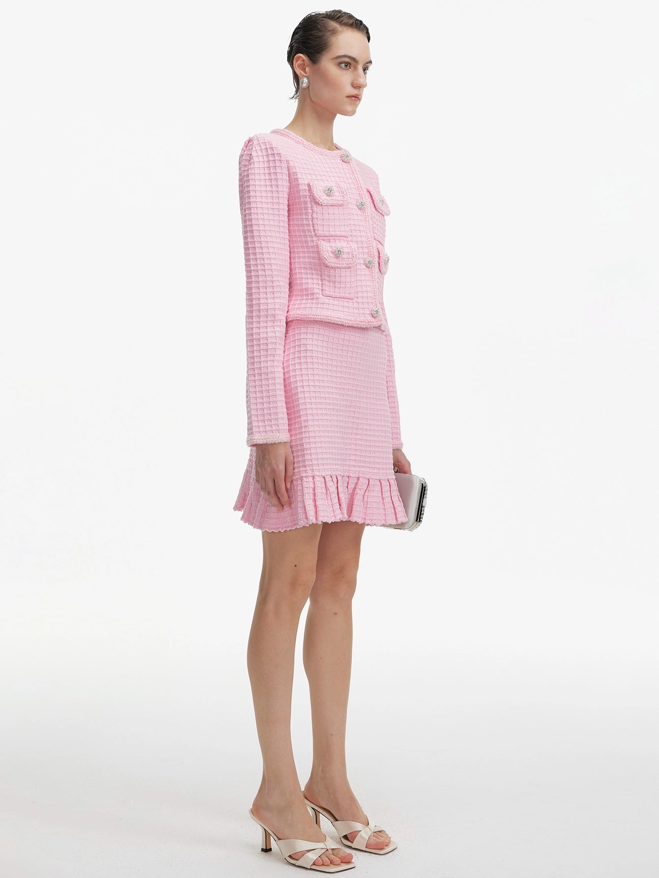 Pink Tweed Mini Skirt Set with Pleated Hem