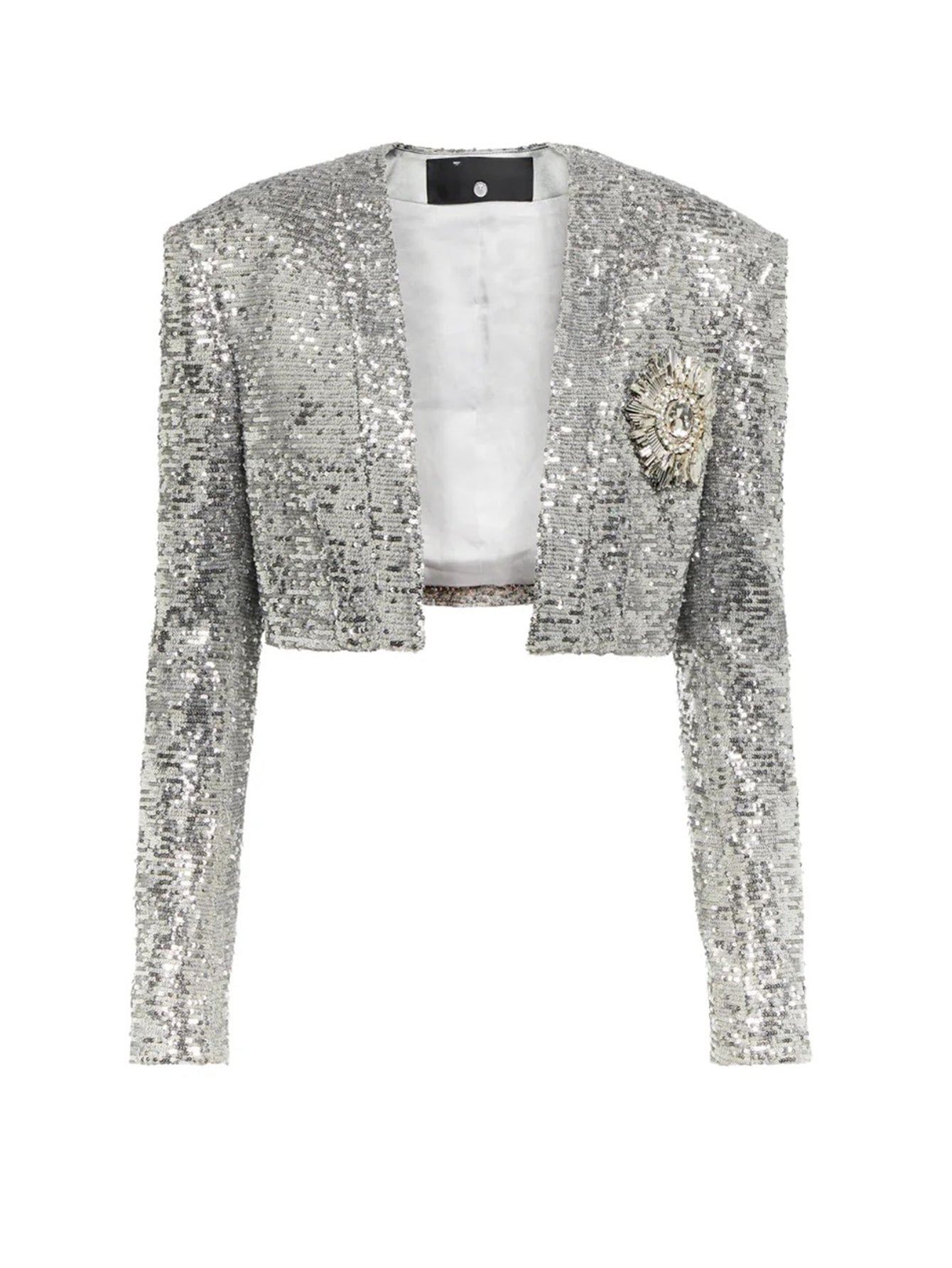 Sequin Cropped Jacket with Embellished Brooch