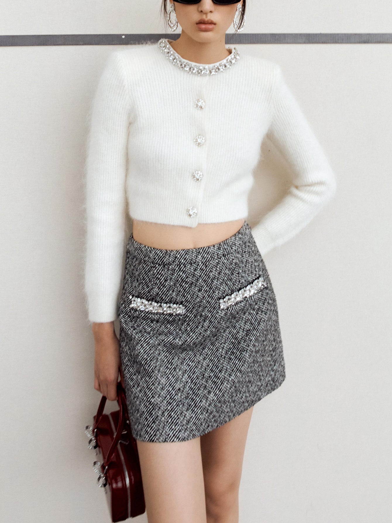 Cropped Cardigan with Crystal Embellishments Top