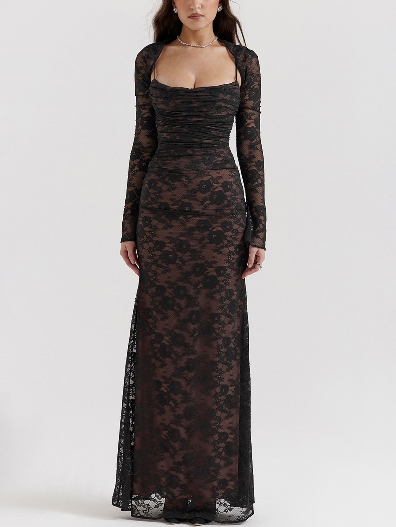 Sexy Shrug Ruched Lace Maxi Fishtail Dress - fashionprilin