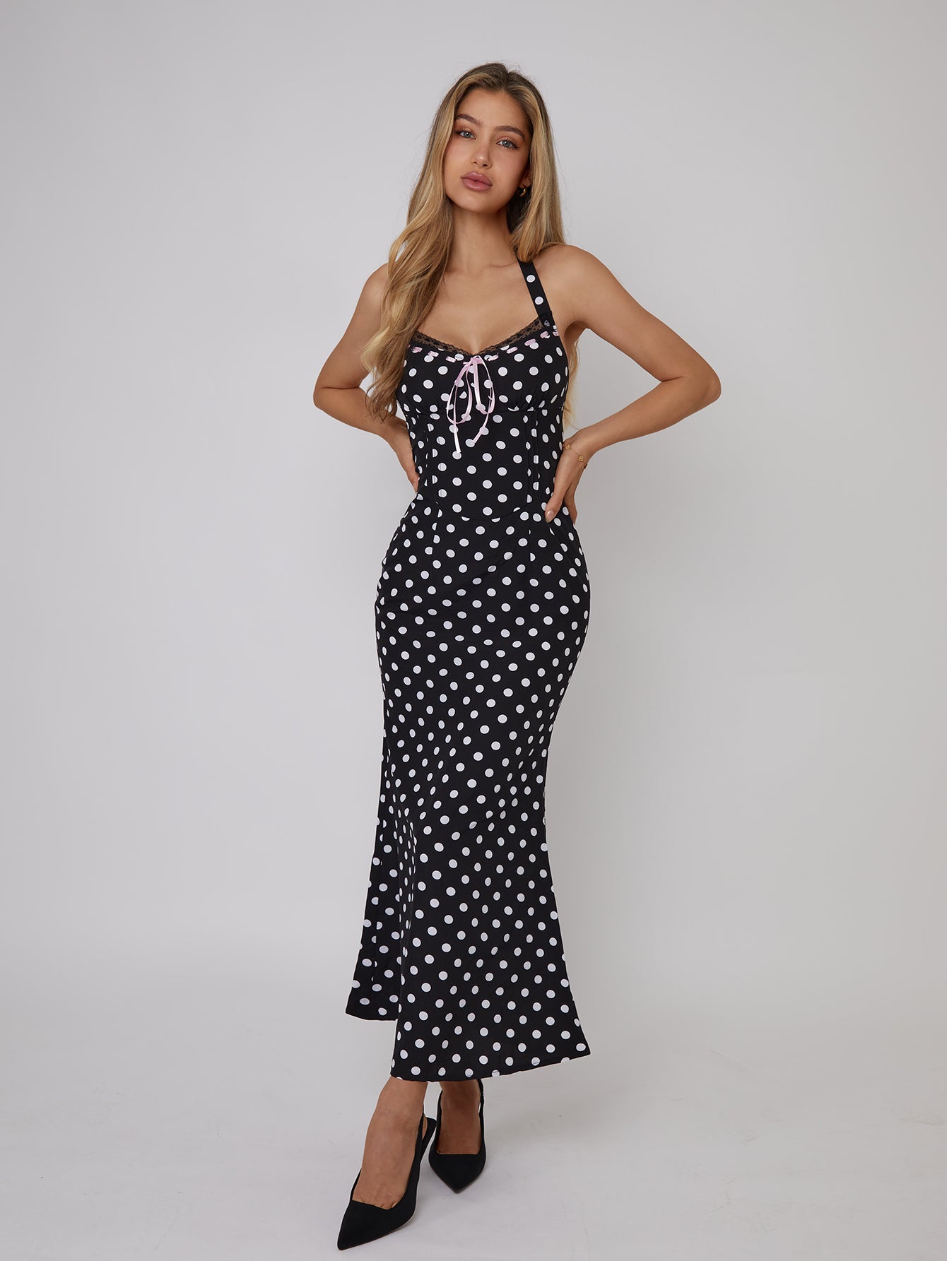 Polka Dot Halter Maxi Dress with Corset Detailing