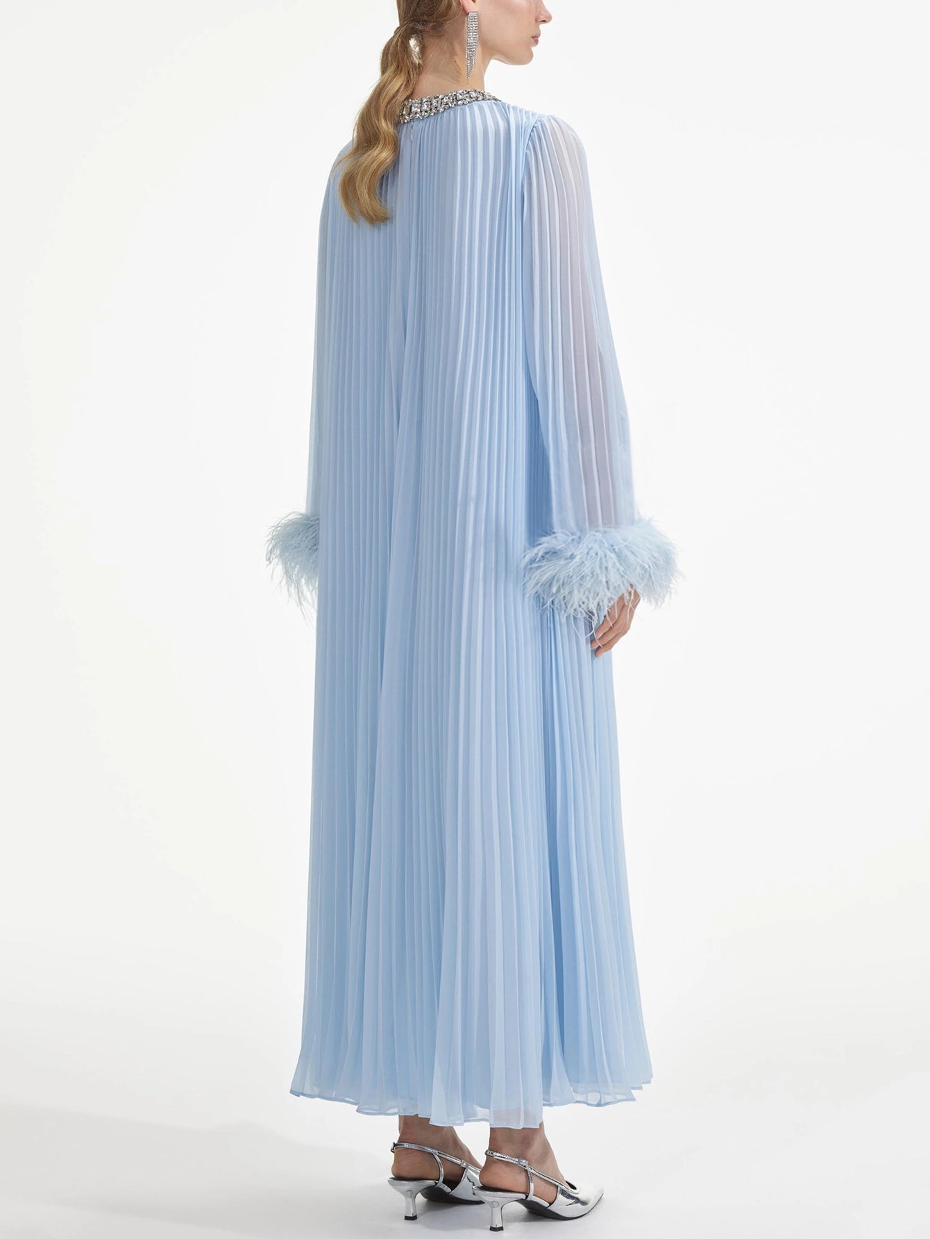 Feathered Cuff Embellished Pleated Gown