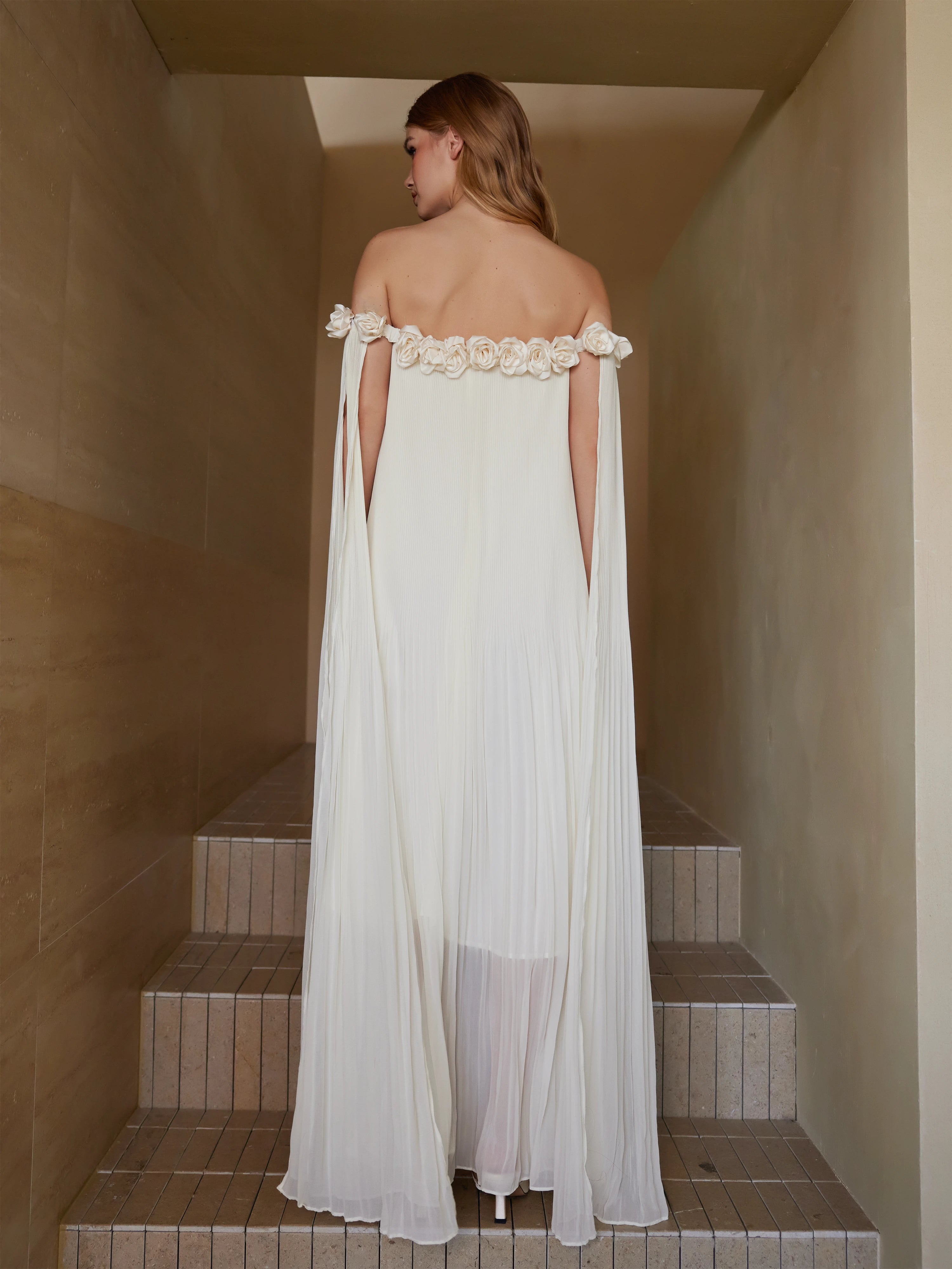 Flowy Off-Shoulder Pleated Gown