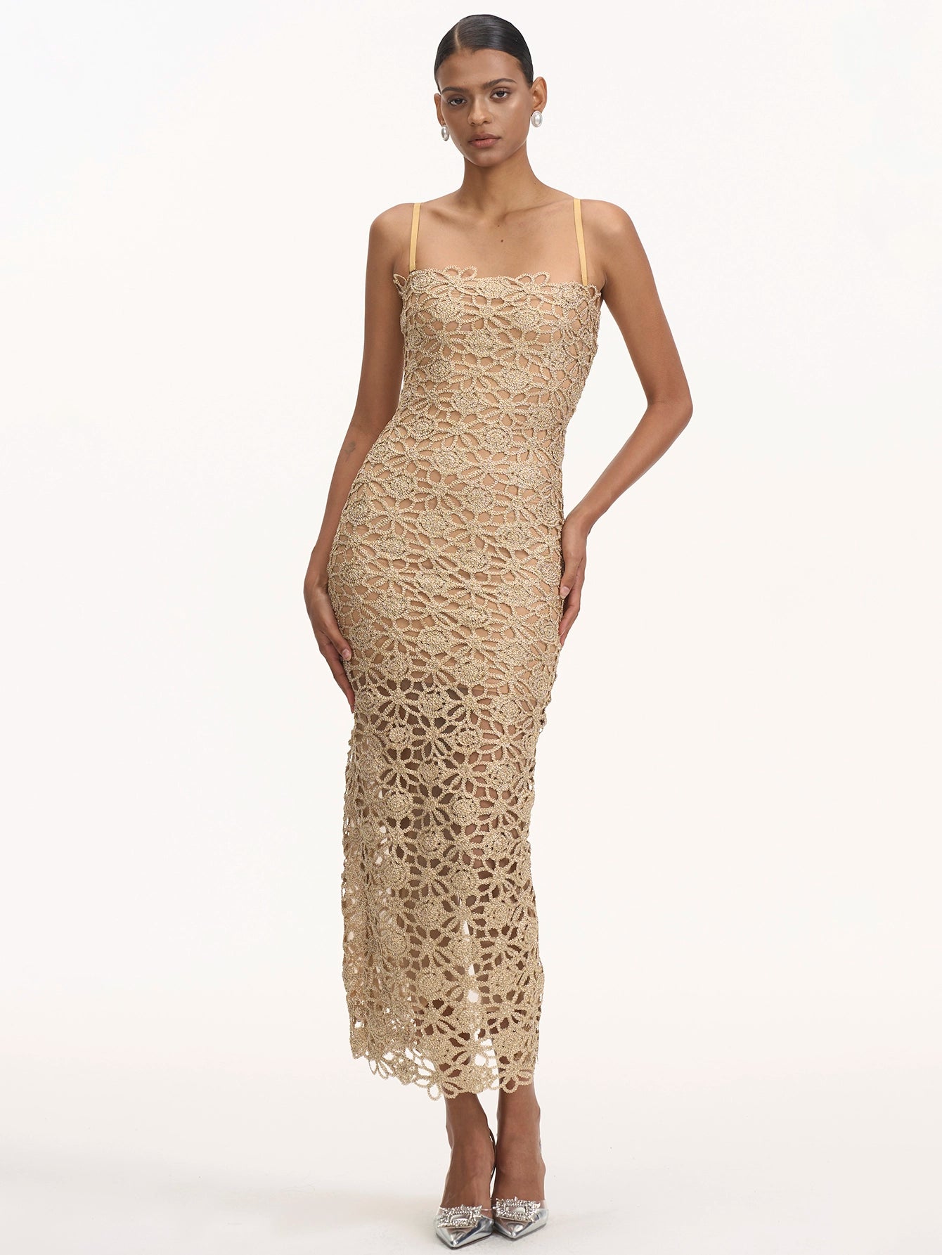 Halterneck Midi Dress with Intricate Crochet Detailing