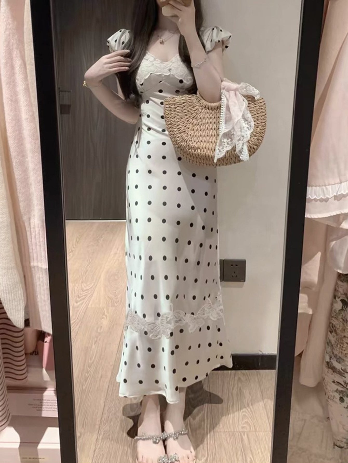 Polka Dot Silk Maxi Dress with Lace Detailing