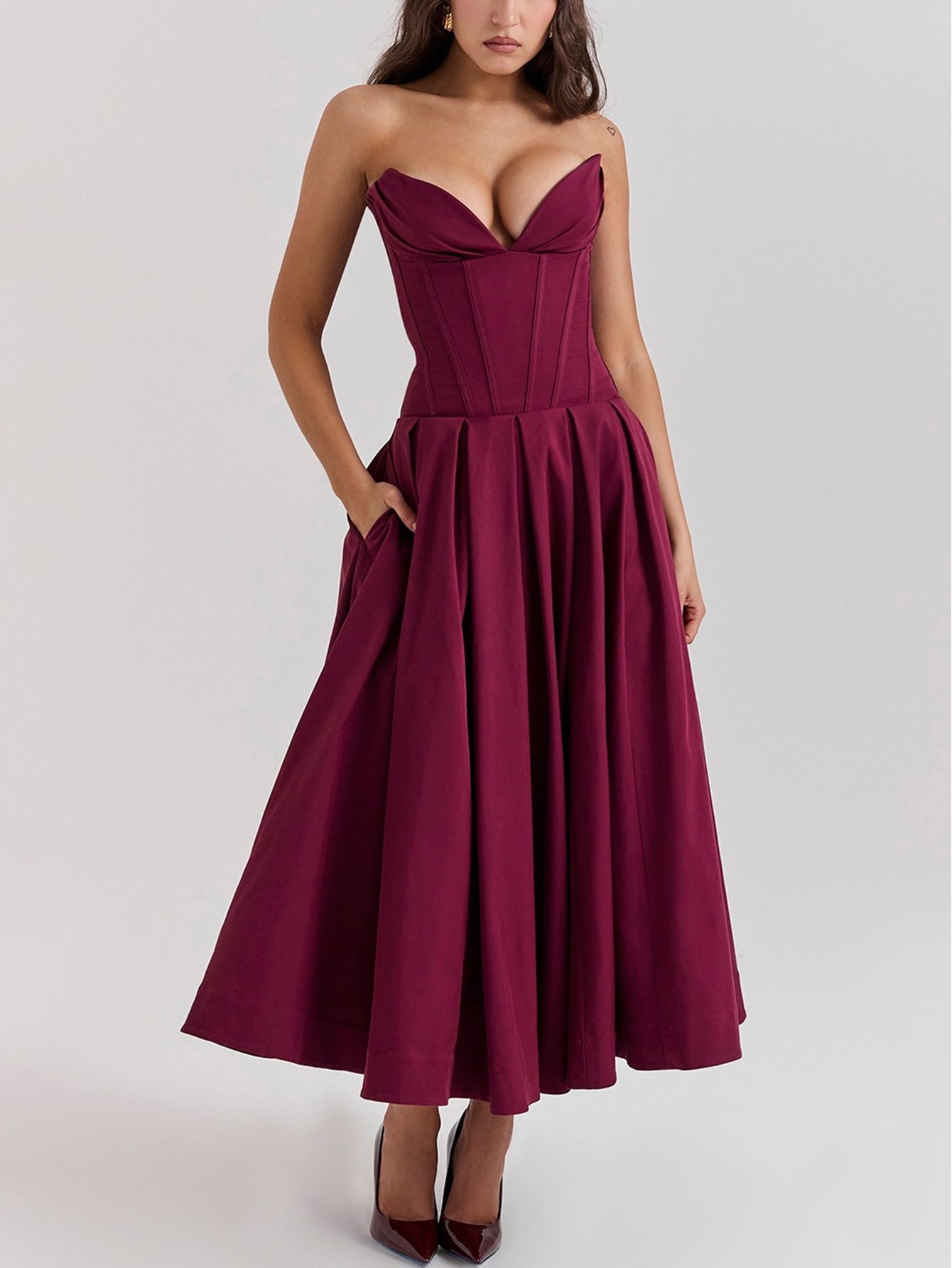 Solid Strapless Sleeveless Midi Dress - fashionprilin