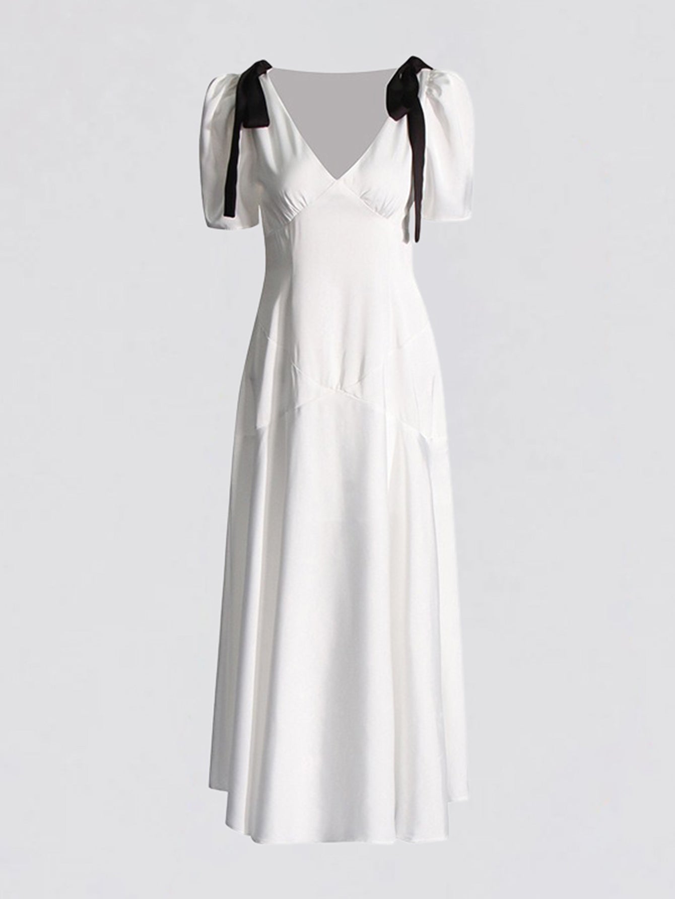 Elegant Solid V Neck Maxi Dress With Ribbon Bow - fashionprilin