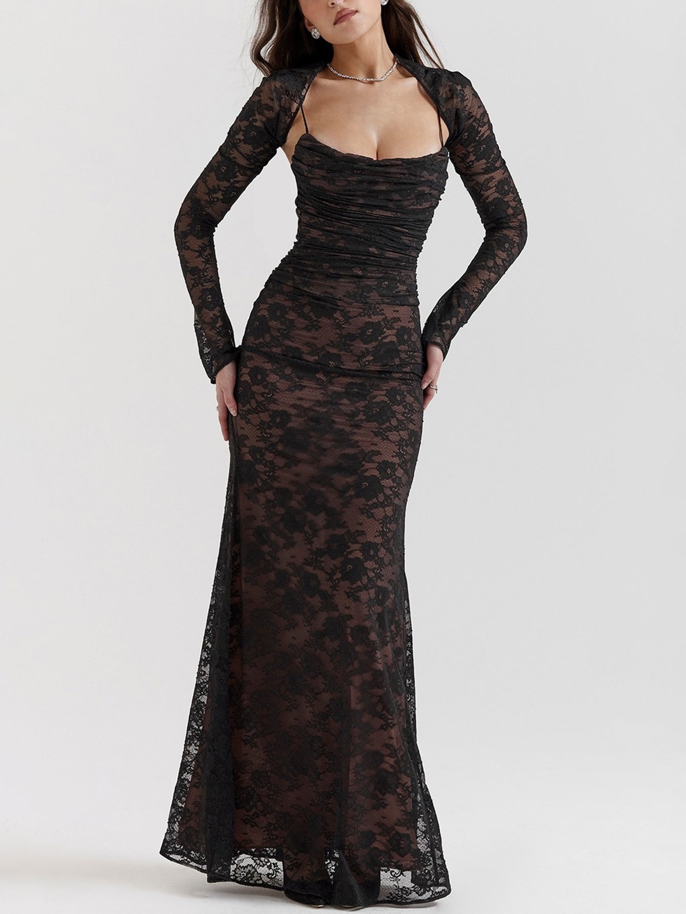 Sexy Shrug Ruched Lace Maxi Fishtail Dress - fashionprilin