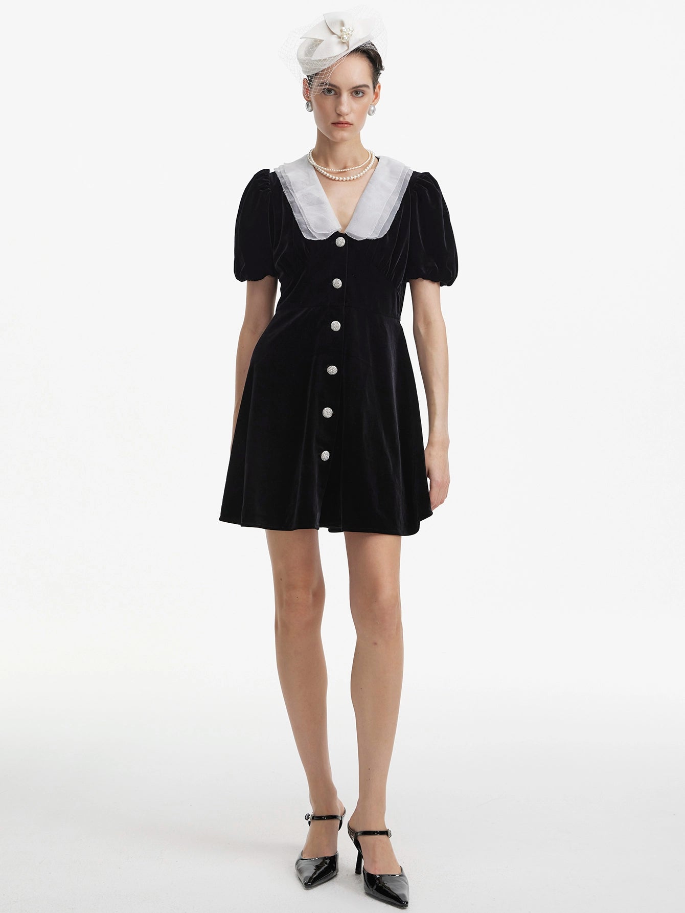 Peter Pan Collar Button Front Velvet Dress