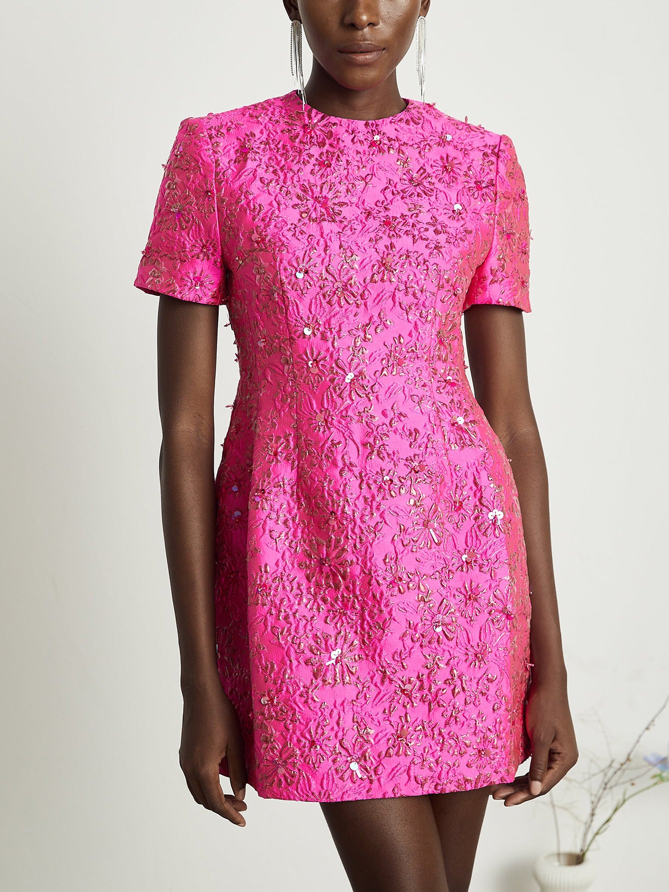 Floral Brocade Mini Dress in Hot Pink