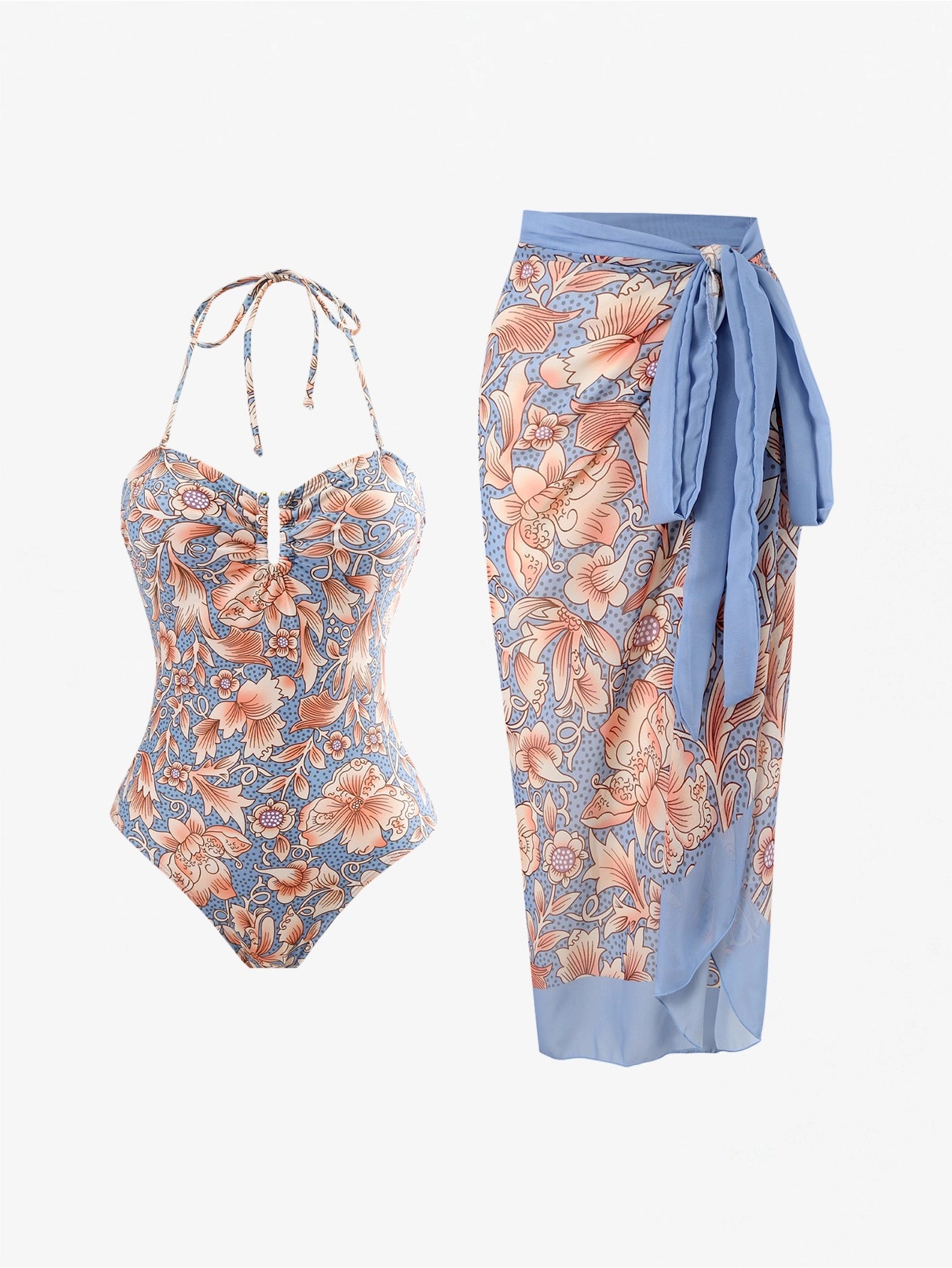 Exclusive Floral Halter Swimsuit Two-Piece Set