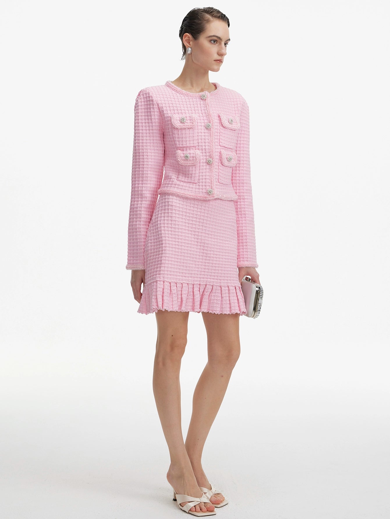 Pink Tweed Mini Skirt Set with Pleated Hem