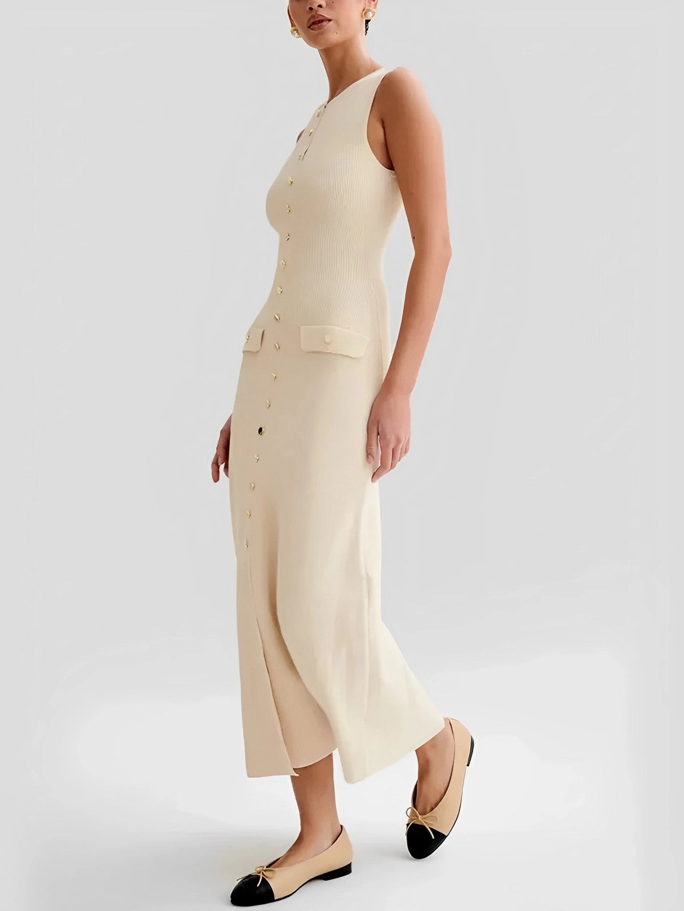 Sleeveless Button Down Knit Maxi Dress in Cream