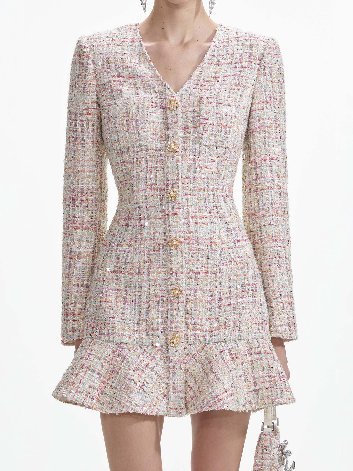 Long-Sleeved Sequined Tweed Mini Dress