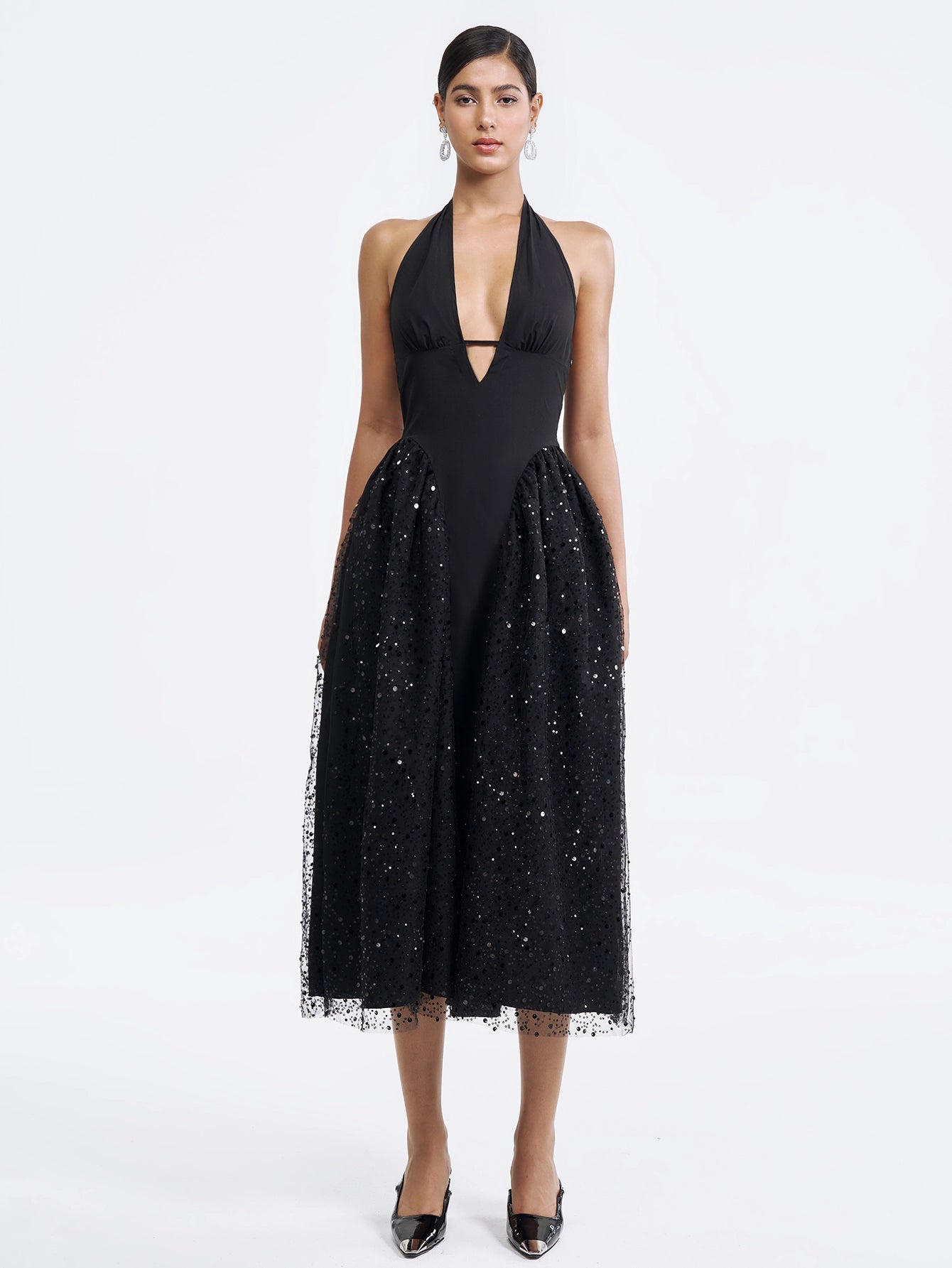 Elegant Black Sequined Midi Dress