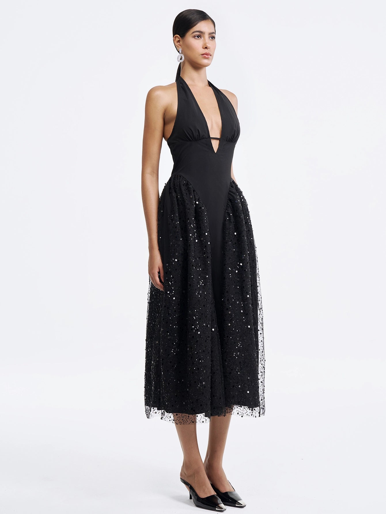 Elegant Black Sequined Midi Dress