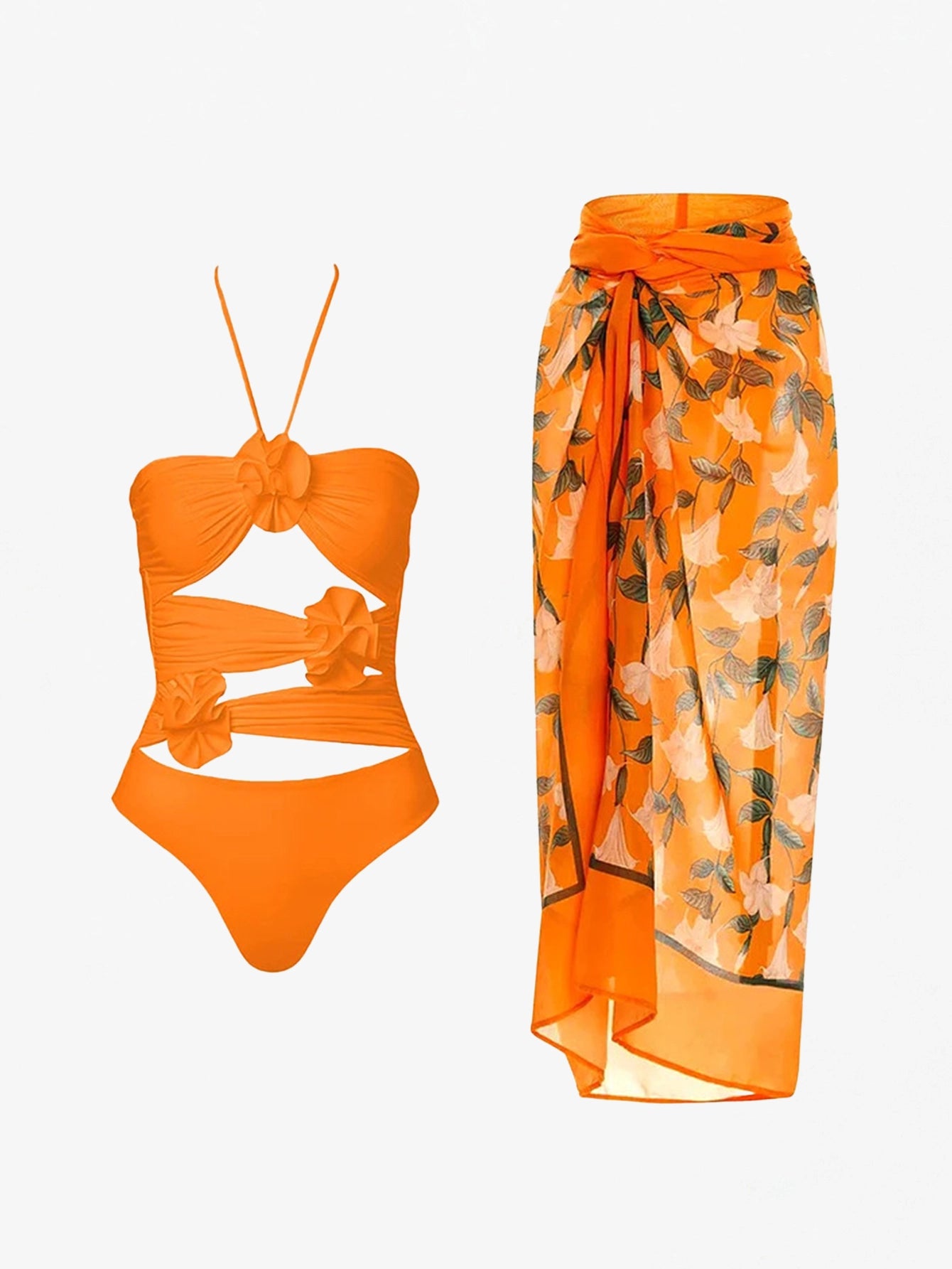 Elegant Floral Tie Swimsuit Two-Piece Set