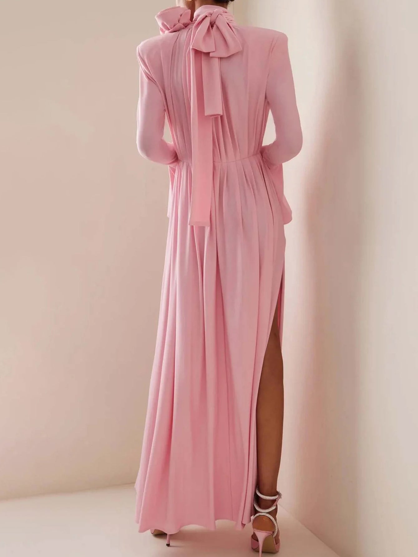 Pink Deep V-Neck Gown with Rose Embellishment