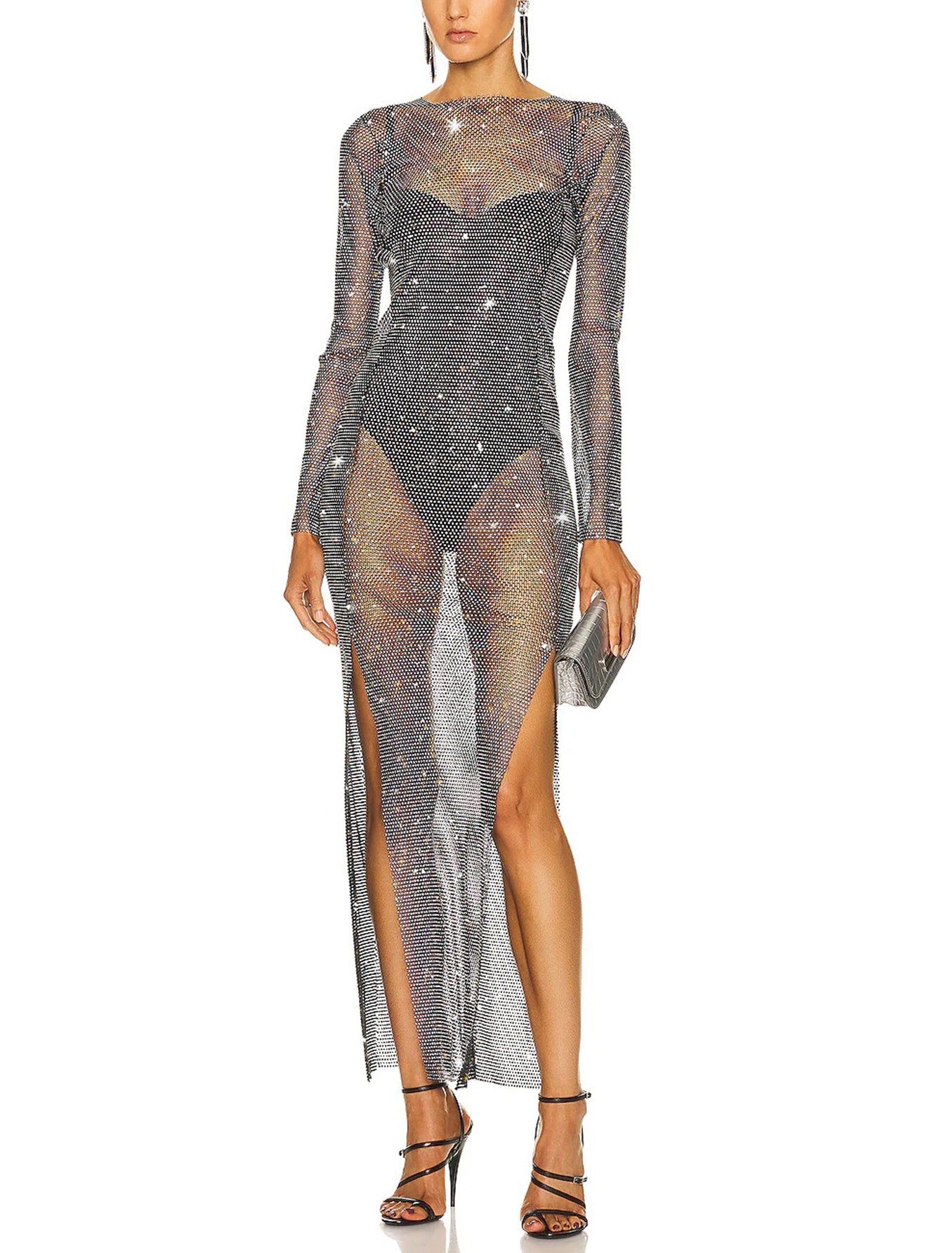 Sequin Mesh Long-Sleeve Maxi Dress