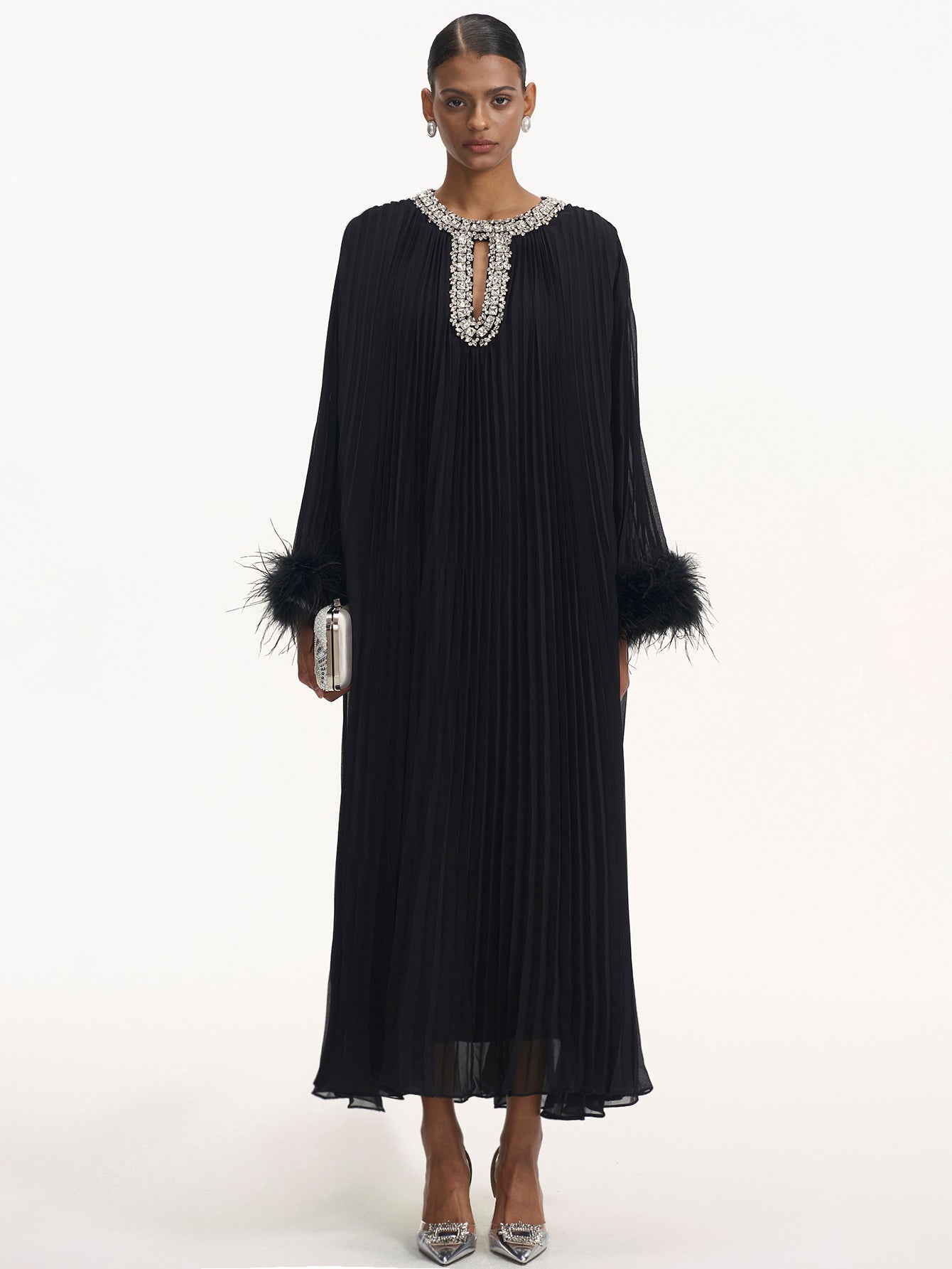 Feathered Cuff Embellished Pleated Gown