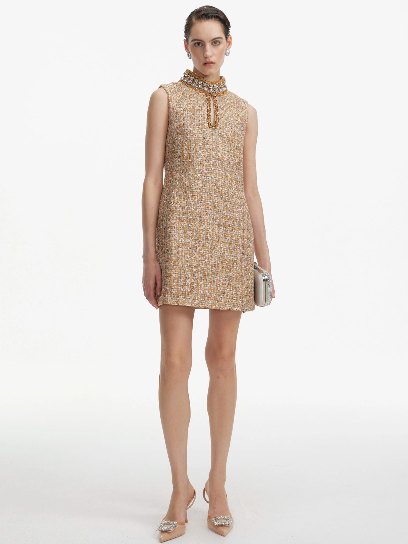 Chic Tweed Shift Dress with Crystal Collar(Silvia)