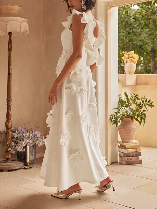 Stunning Ruffle Patchwork Gown With Floral-Embellished