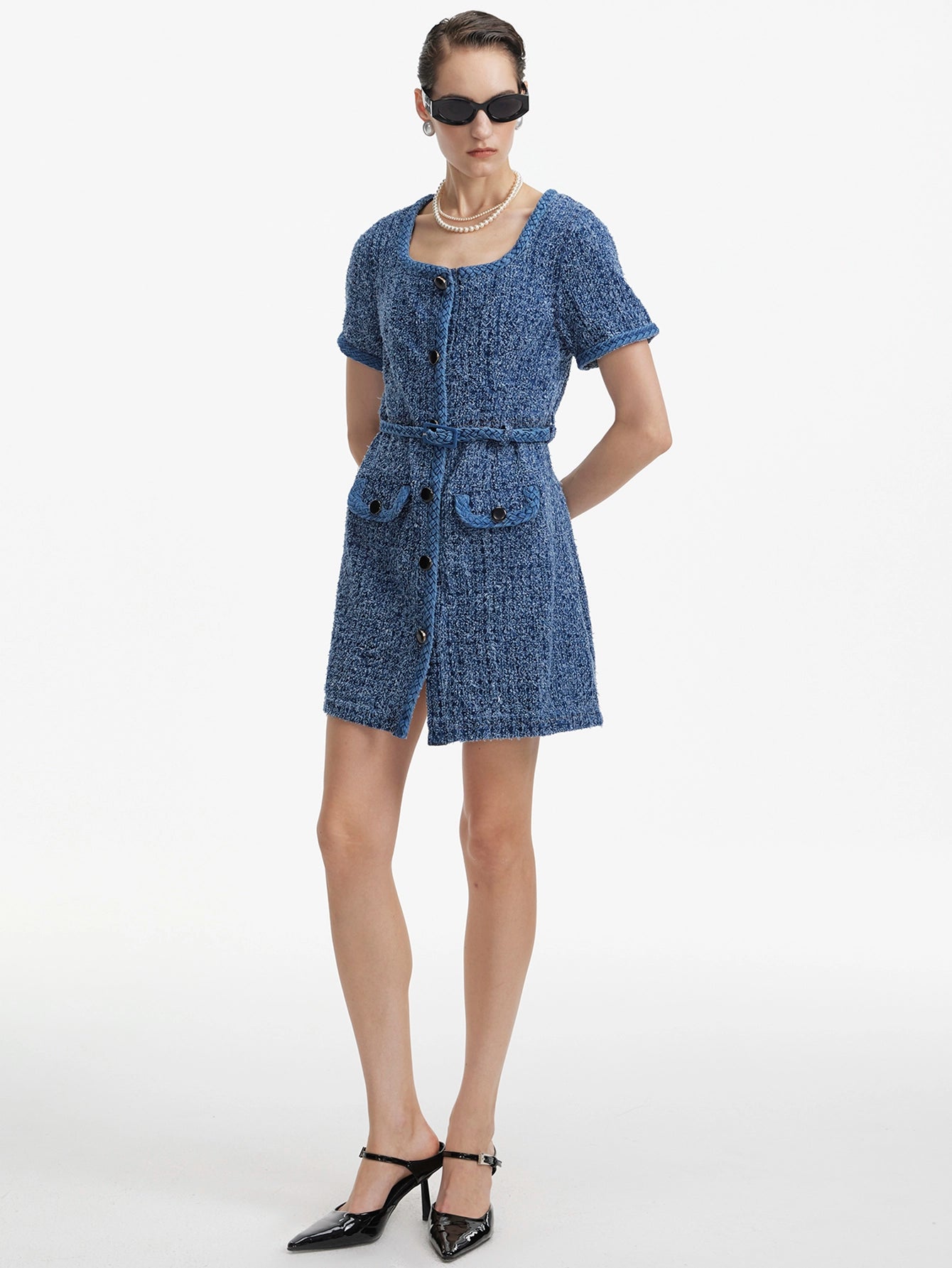 Tweed Belted Mini Dress with Braided Trim