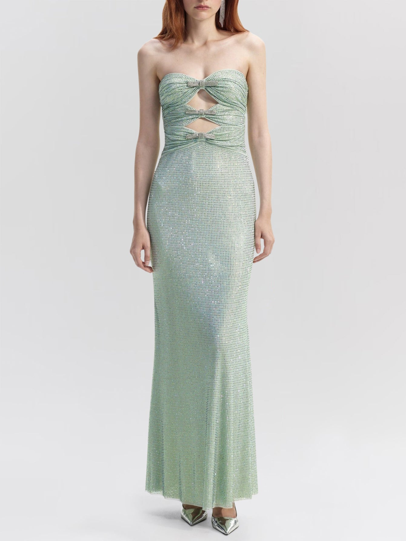 Sparkling  Strapless Maxi Dress with Cutouts and Crystals