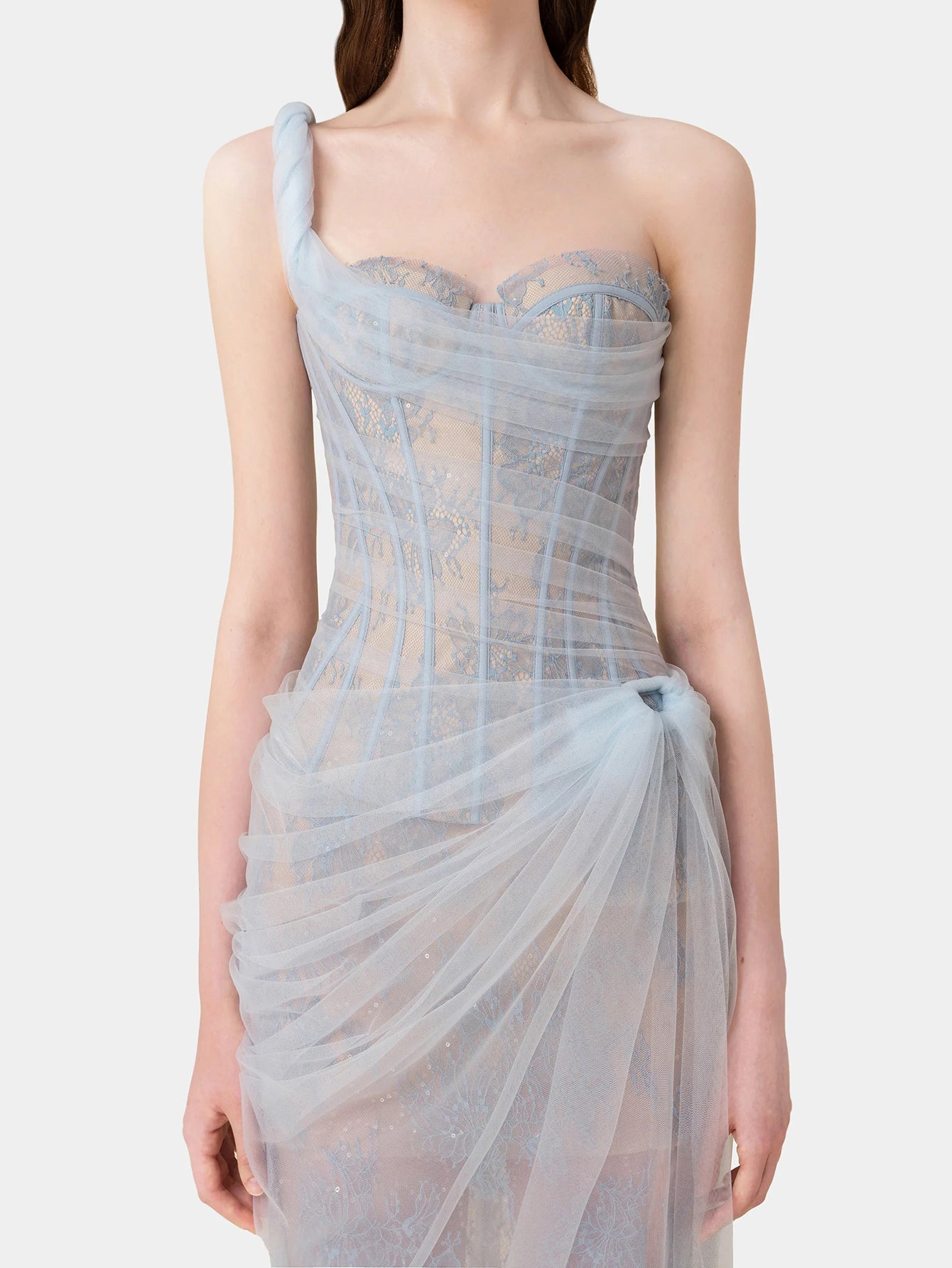 Light Blue Tulle Draped Gown with Lace Bodice