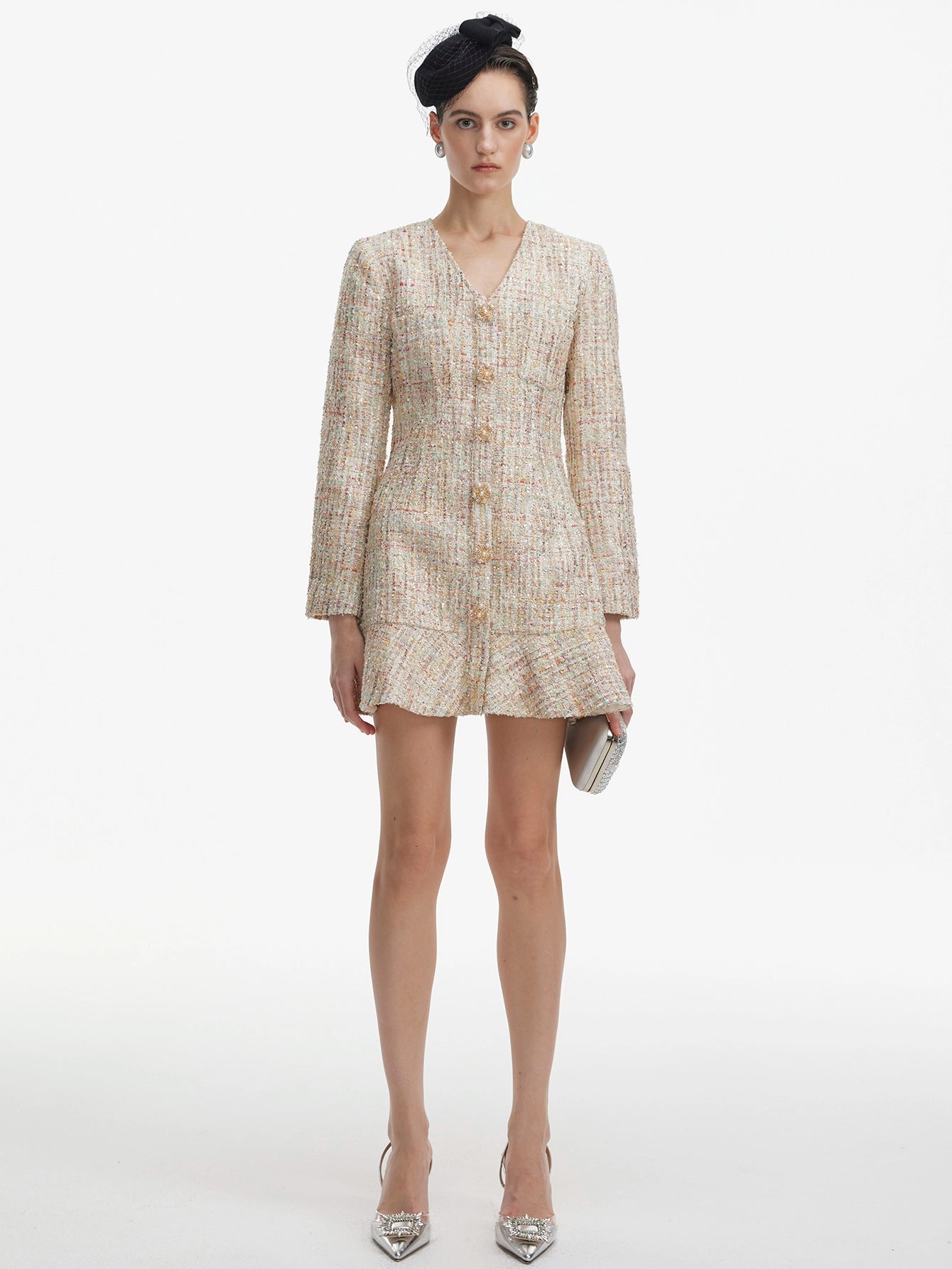 Long-Sleeved Sequined Tweed Mini Dress(Silvia)