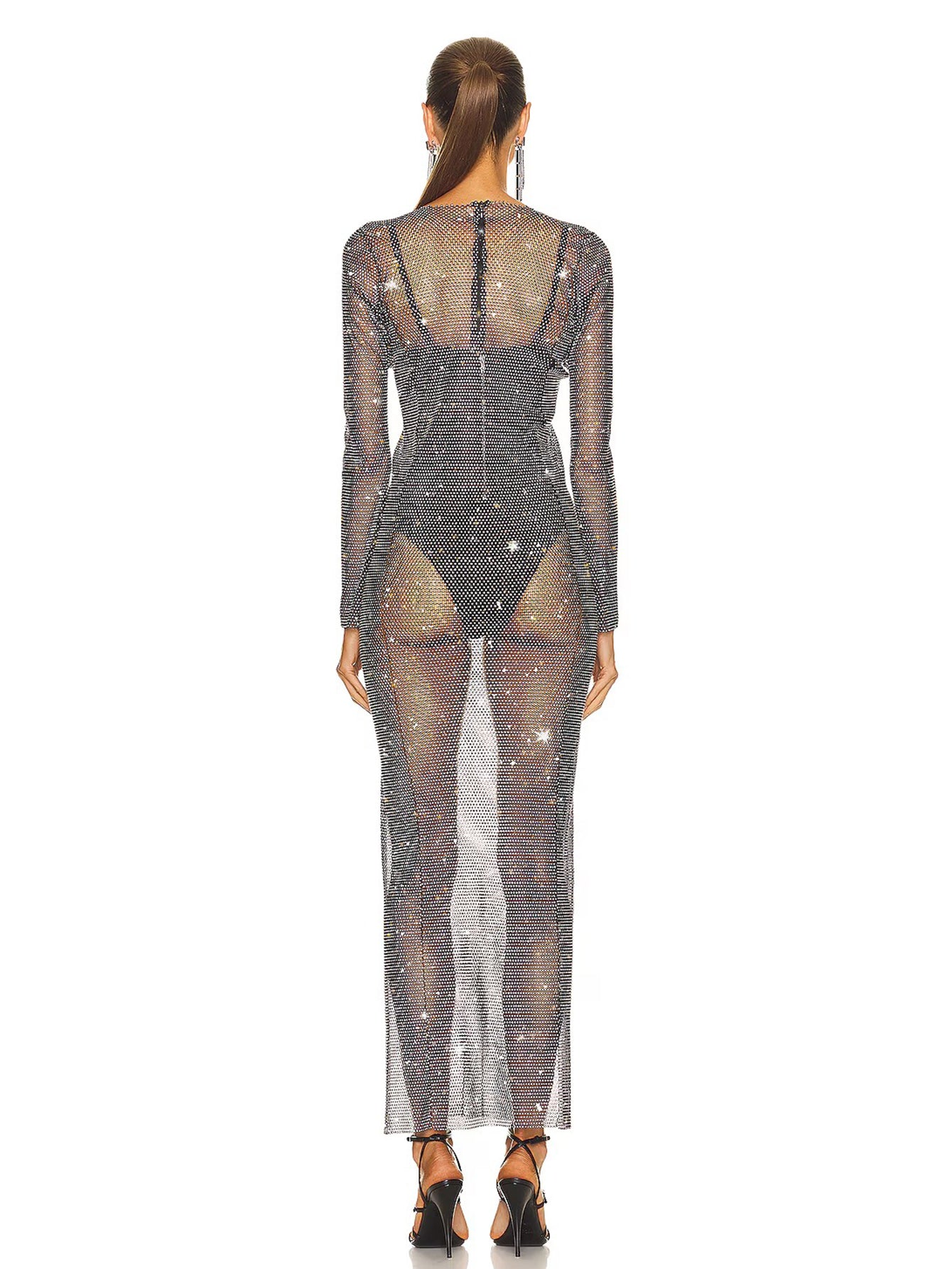 Sequin Mesh Long-Sleeve Maxi Dress