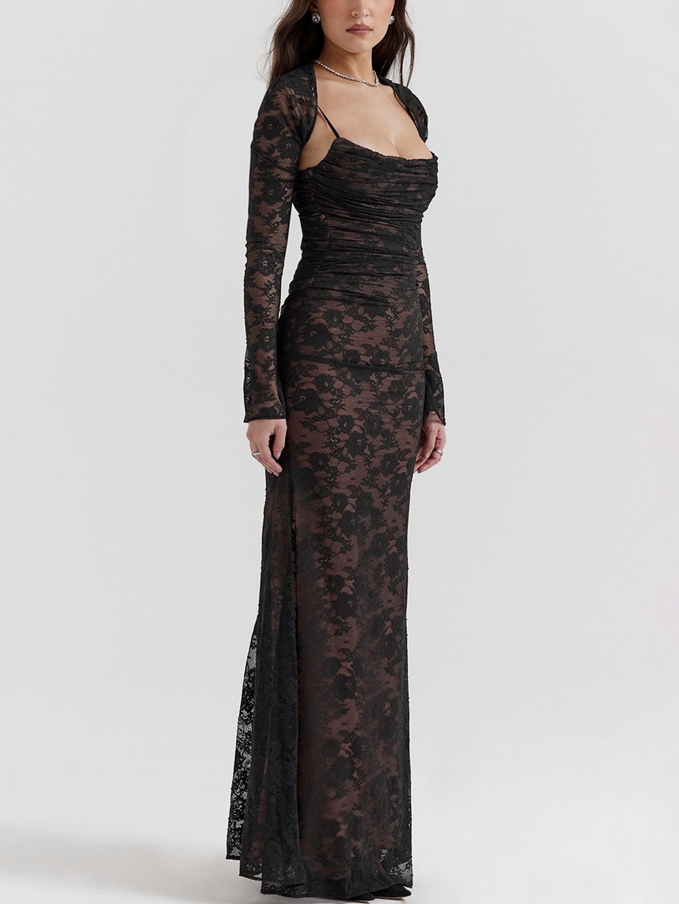 Sexy Shrug Ruched Lace Maxi Fishtail Dress - fashionprilin