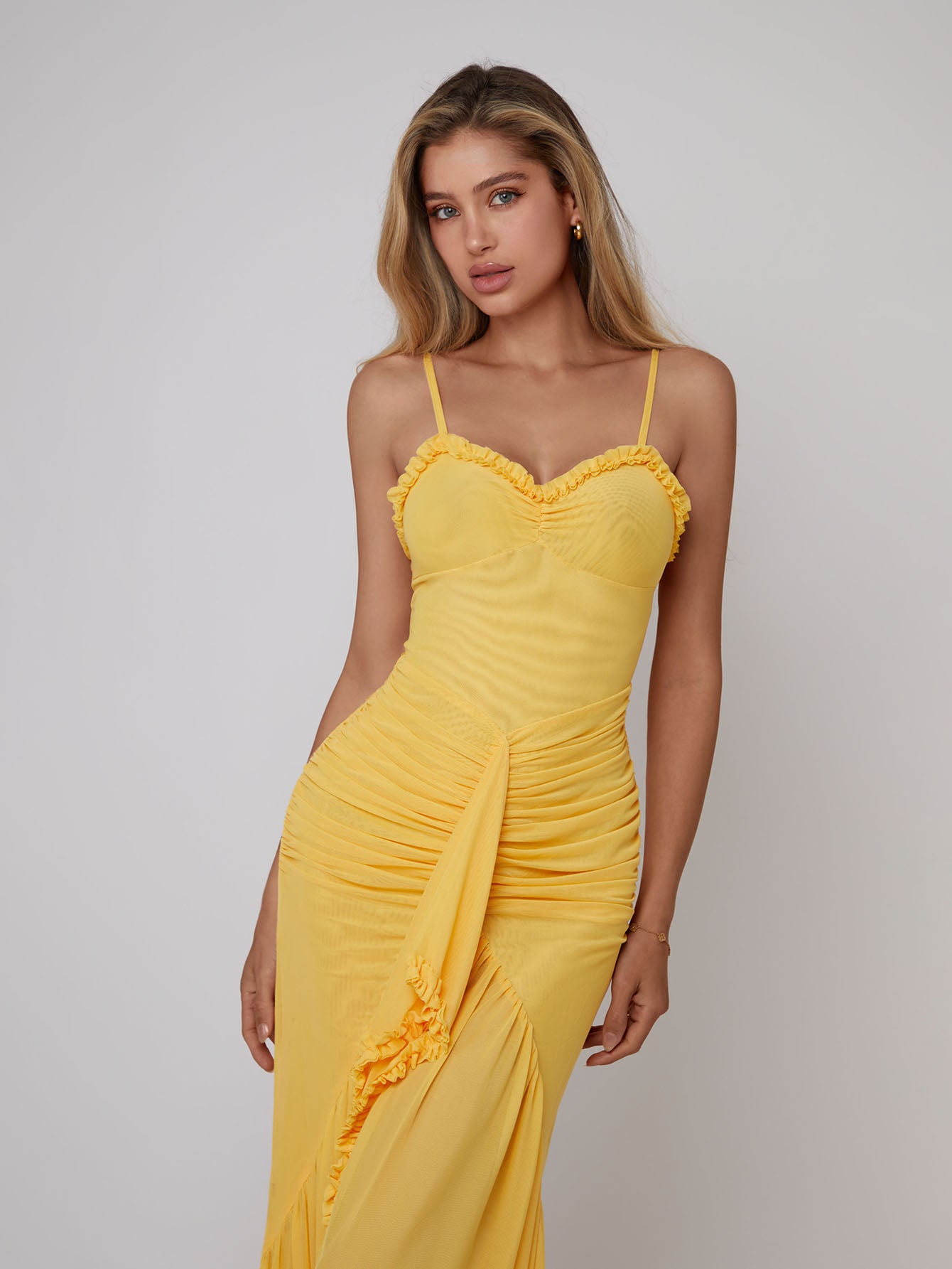 Spaghetti Strap Ruffles Hem High Low Frill Maxi Dress