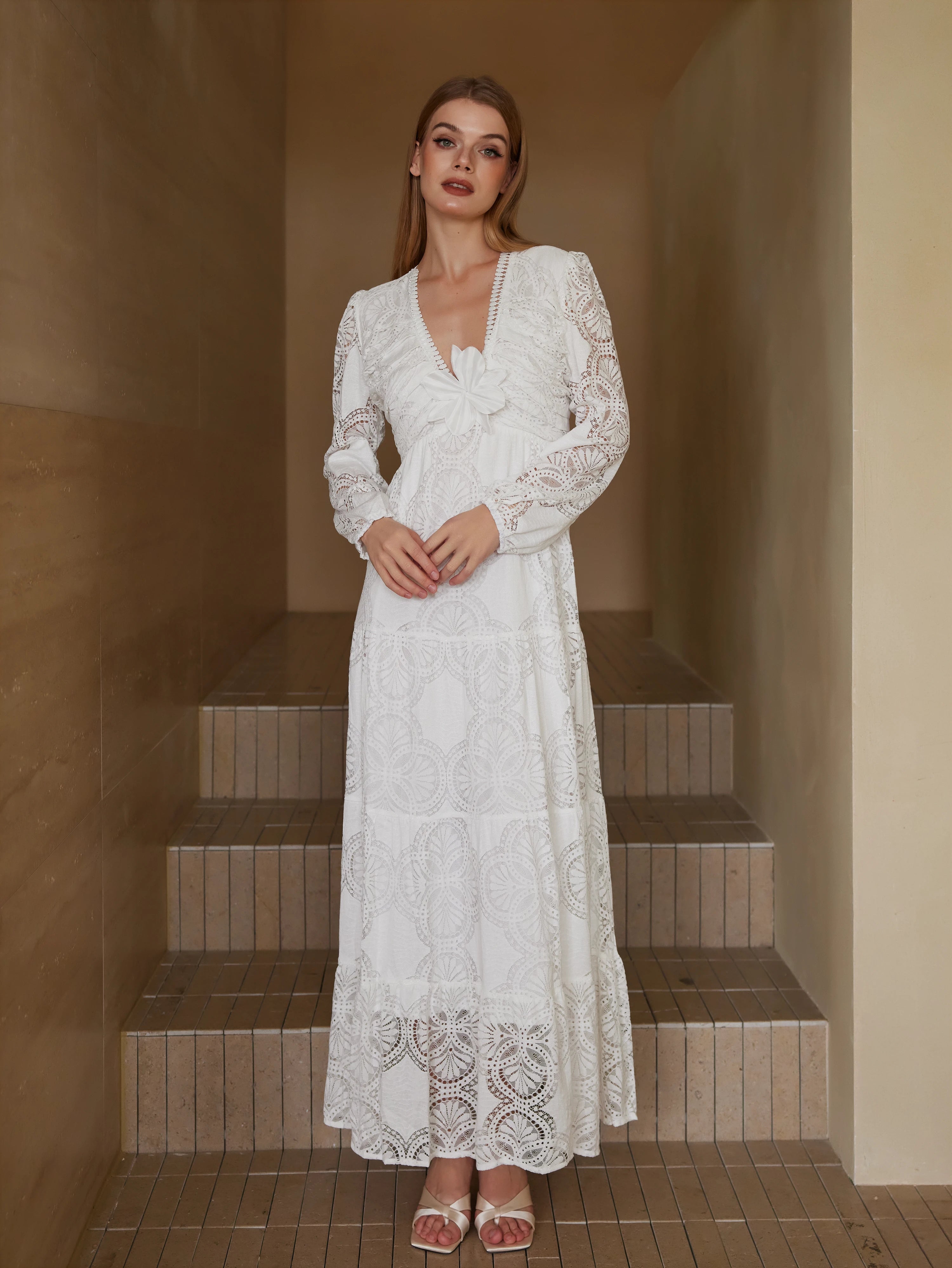 Embroidered Long-sleeved Lace Maxi Dress