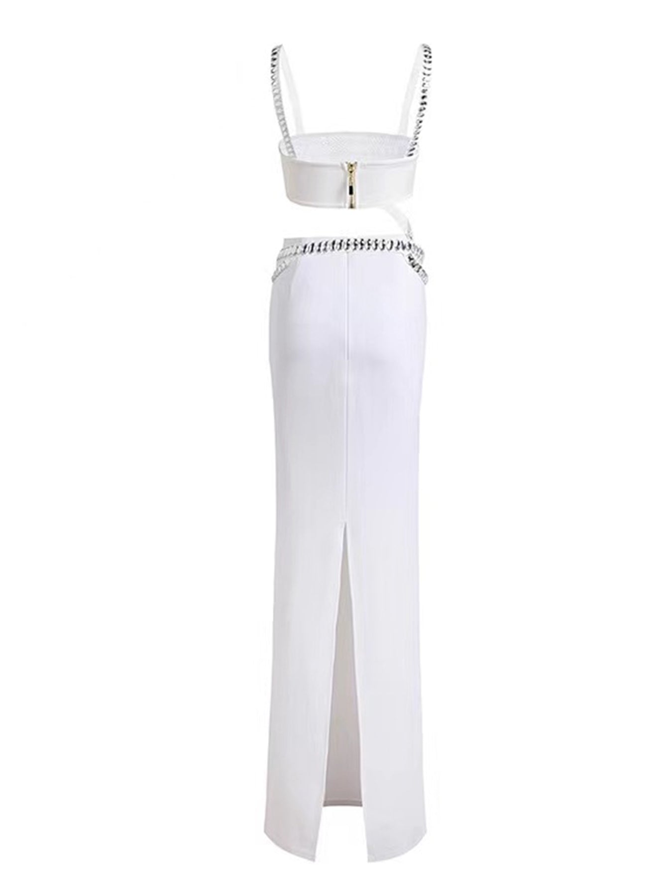 White Crystal-Embellished Gown with Cut-Out Detailing