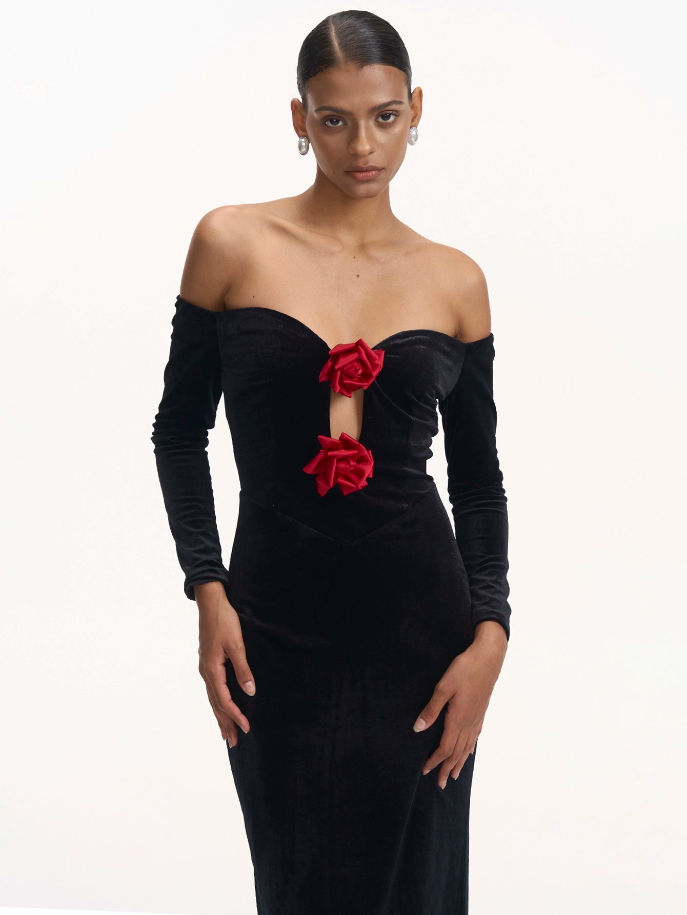 Red RoseVelvet Off-the-Shoulder Gown